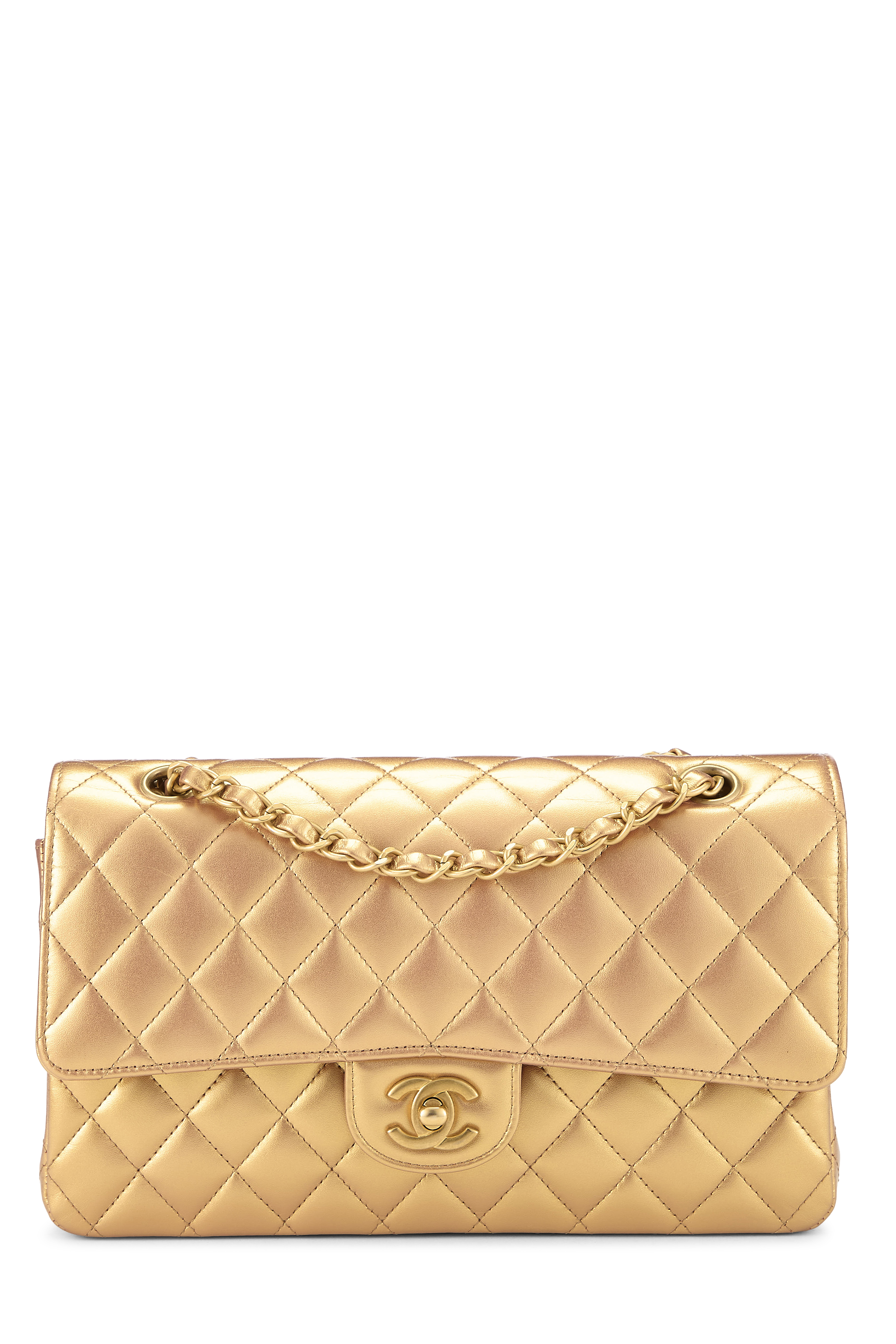 Women's Chanel Iridescent Gold Quilted Calfskin Classic Double Flap Medium in Gold 10"