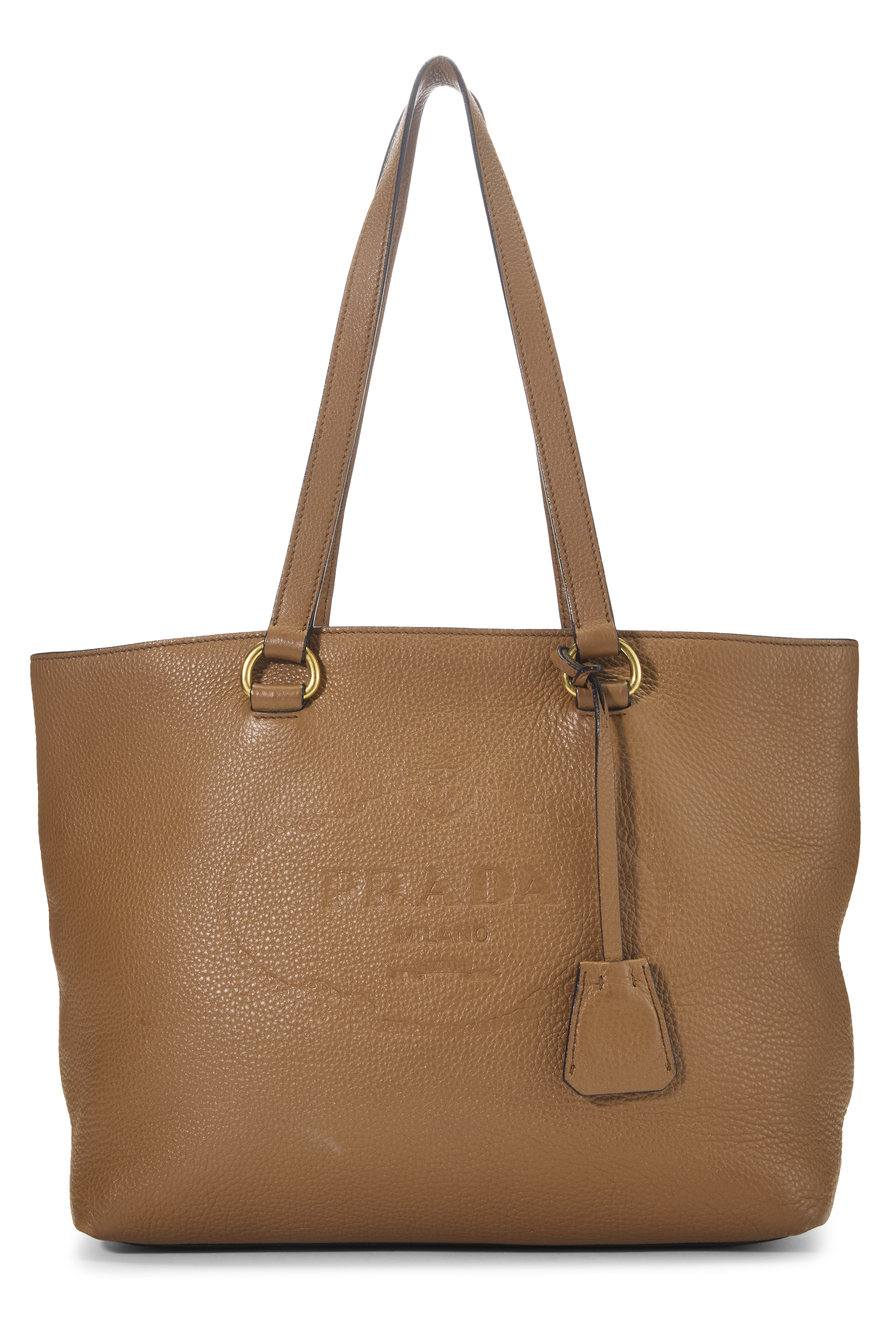 Women's Prada Brown Vitello Daino Embossed Logo Tote
