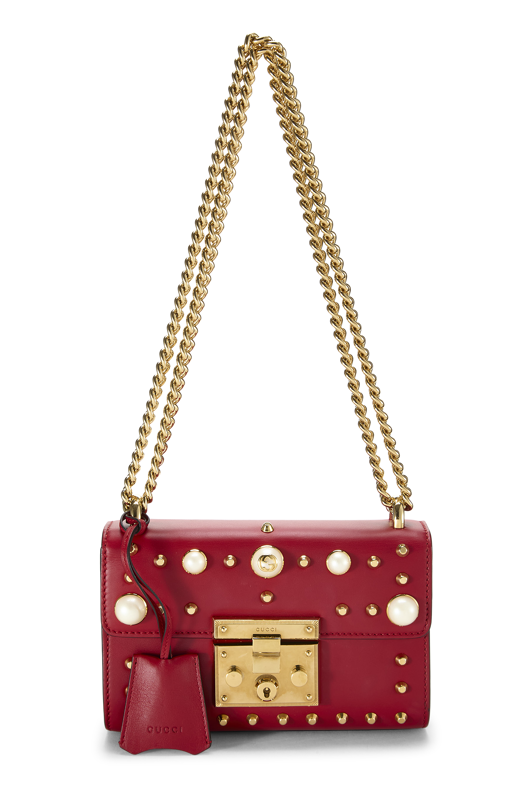 Women's Gucci Red Leather Studded Padlock Shoulder Bag Small in Red Small
