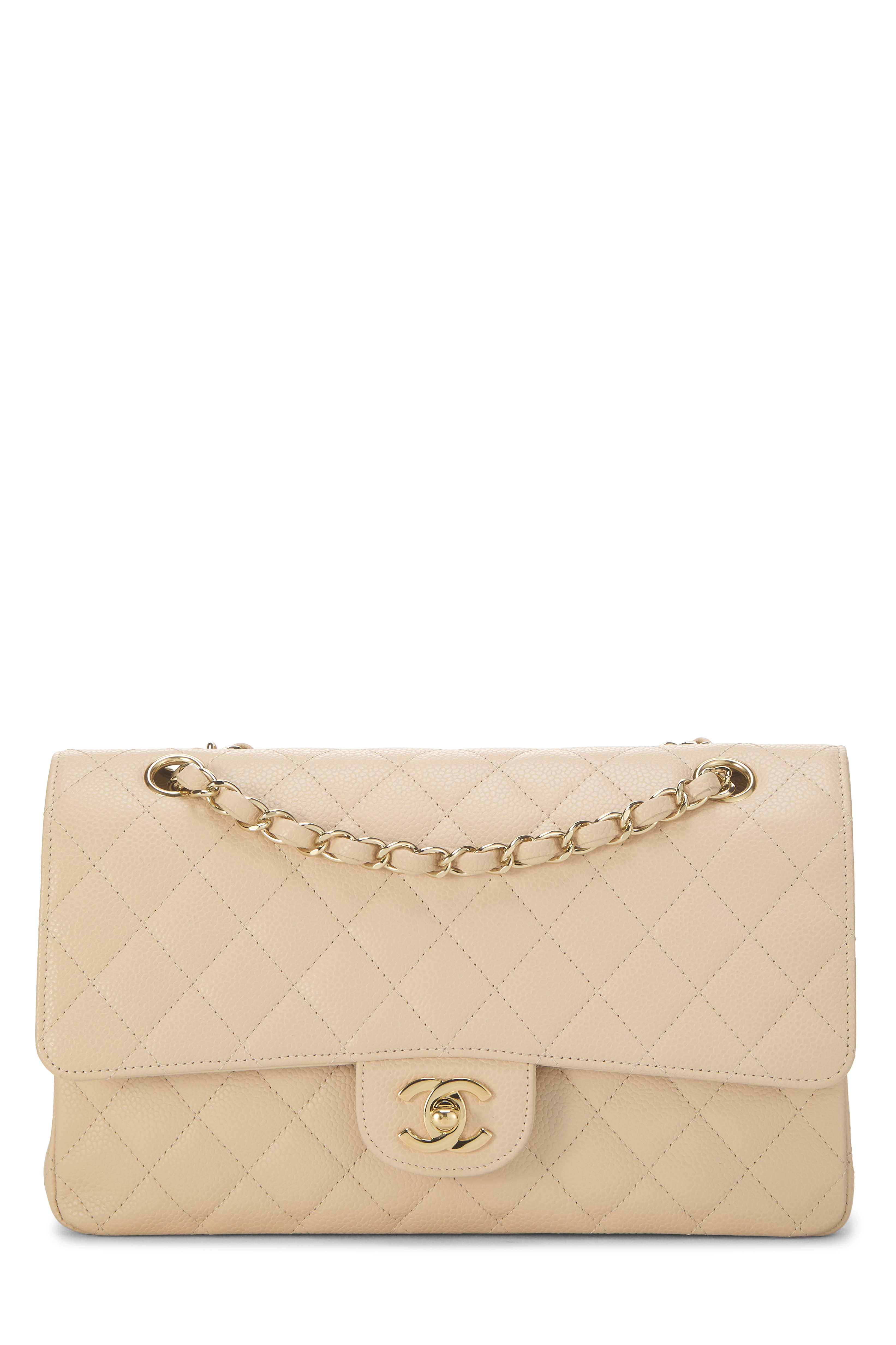 Women's Chanel Beige Quilted Caviar Classic Double Flap Medium in Beige 10"