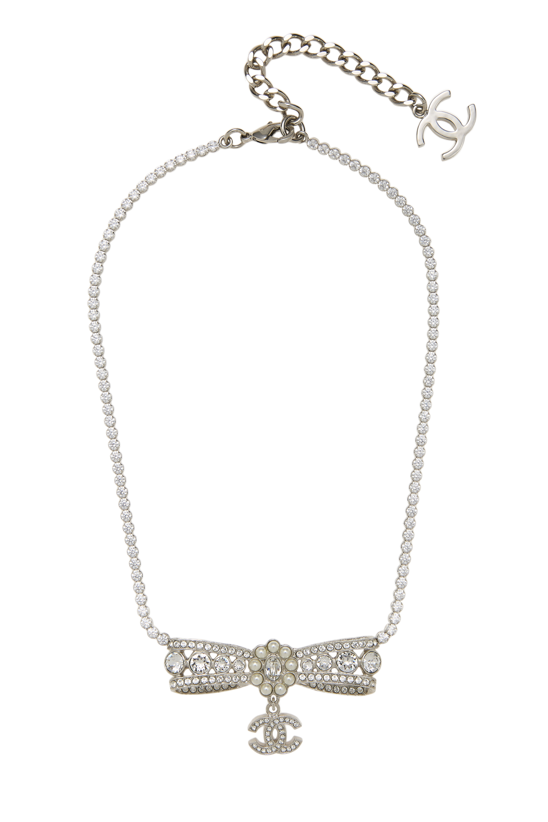 Women's Chanel Silver Crystal 'CC' Bow Necklace in Silver