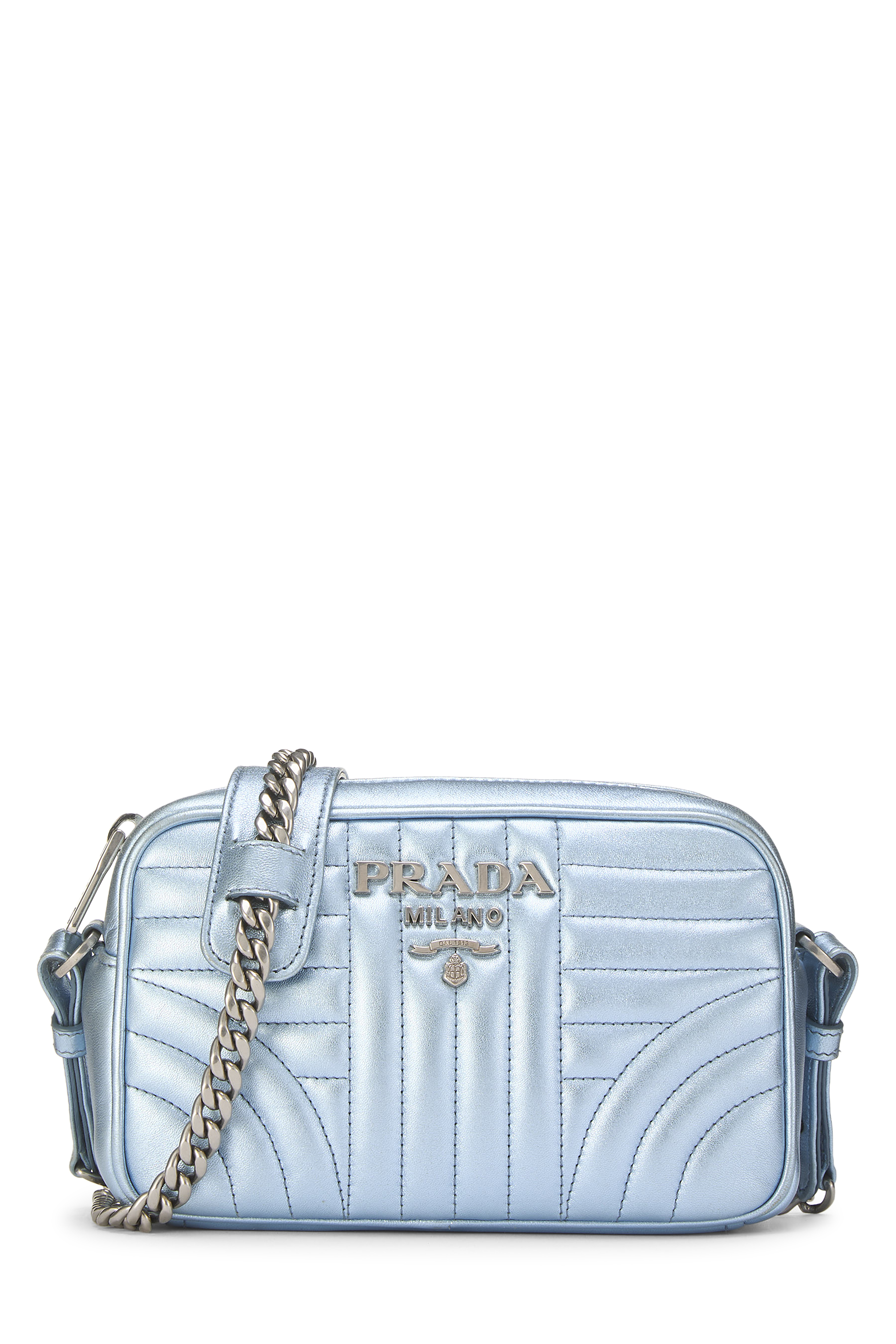 Women's Prada Blue Metallic Calfskin Diagramme Camera Bag Small in Blue Small