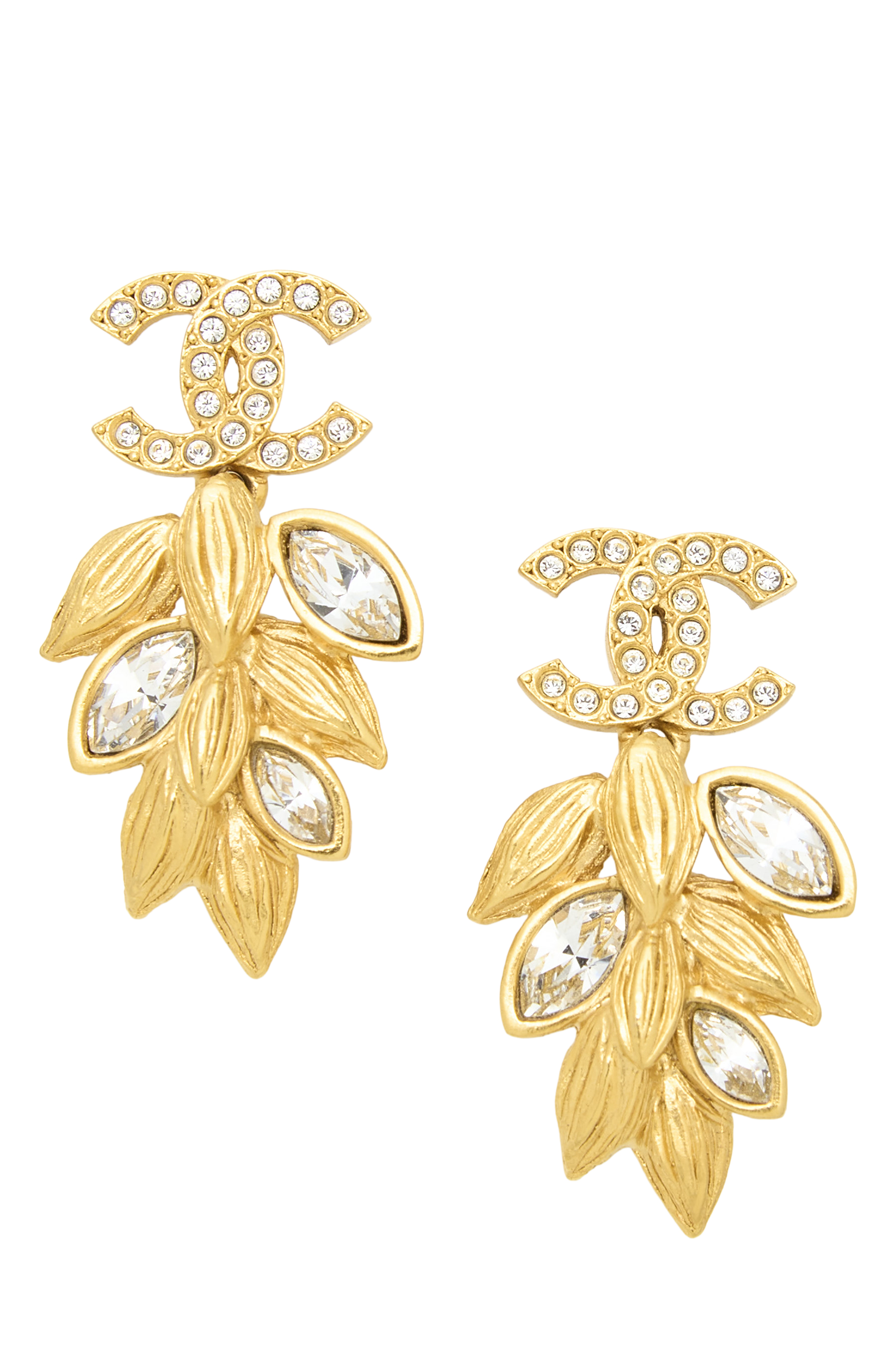 Women's Chanel Gold Crystal 'CC' Leaf Dangle Earrings in Gold