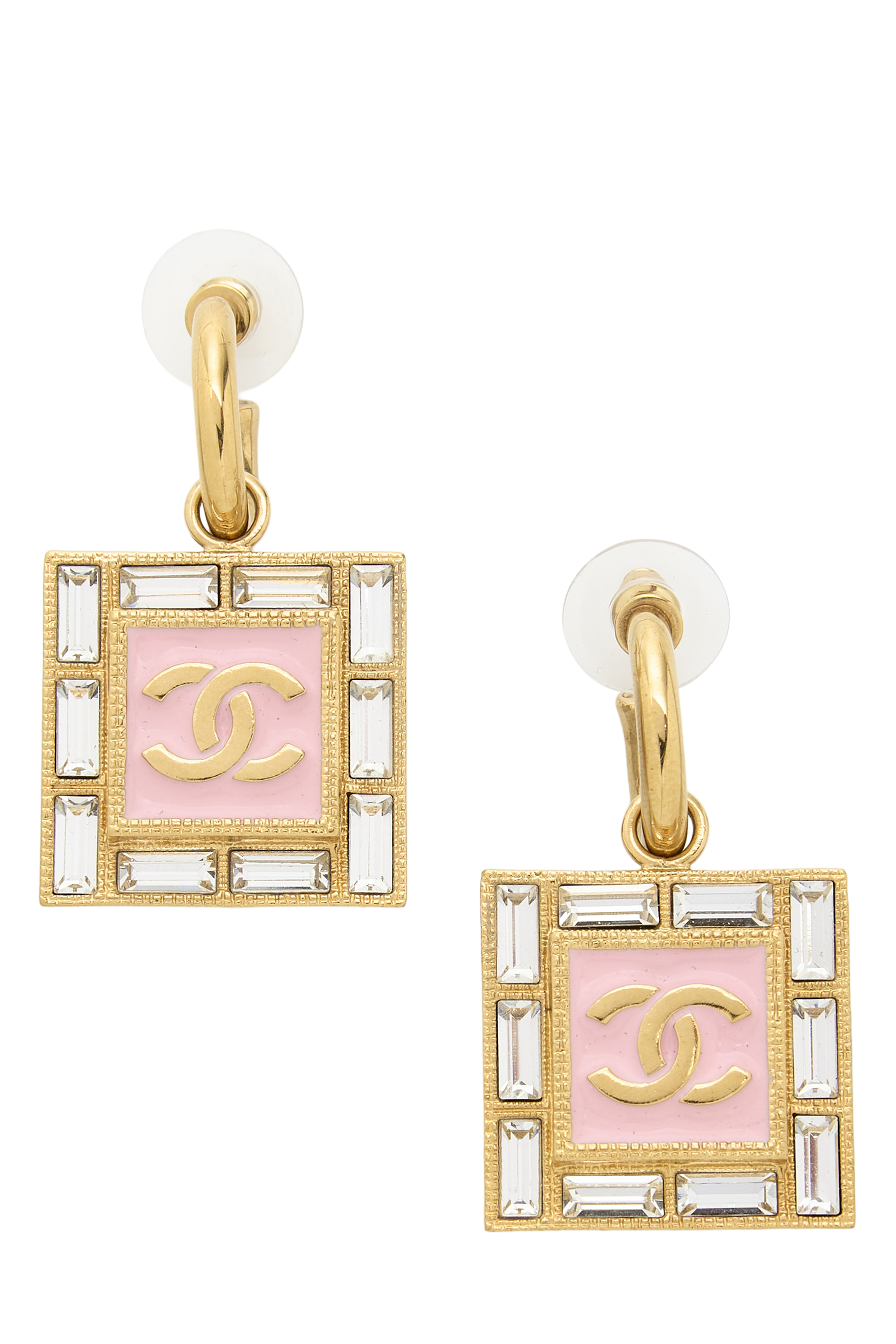 Women's Chanel Pink & Gold Crystal 'CC' Square Earrings in Pink