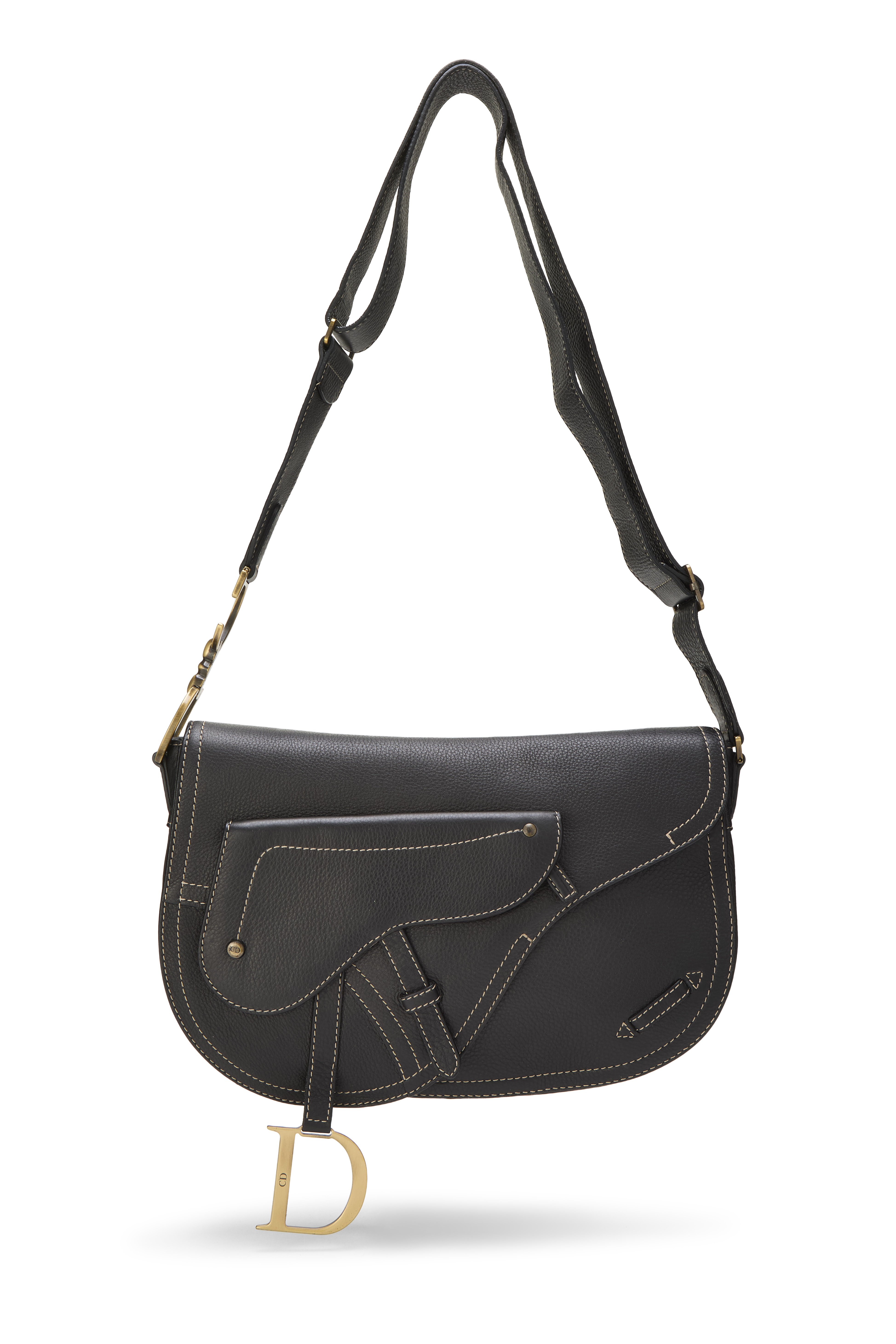 Women's Christian Dior Black Calfskin Saddle Messenger in Black