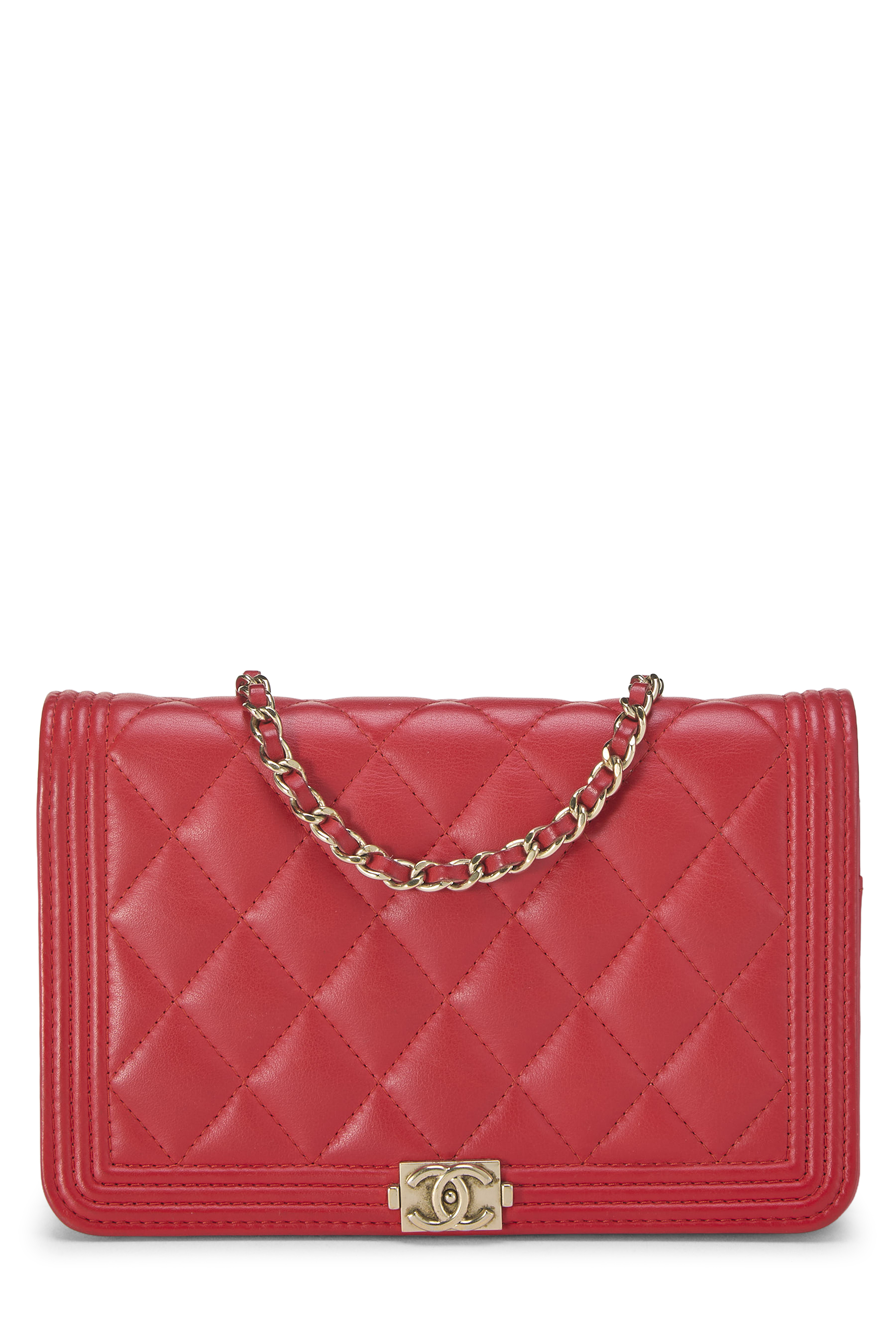 Women's Chanel Red Quilted Lambskin Boy Wallet on Chain (WOC) in Red