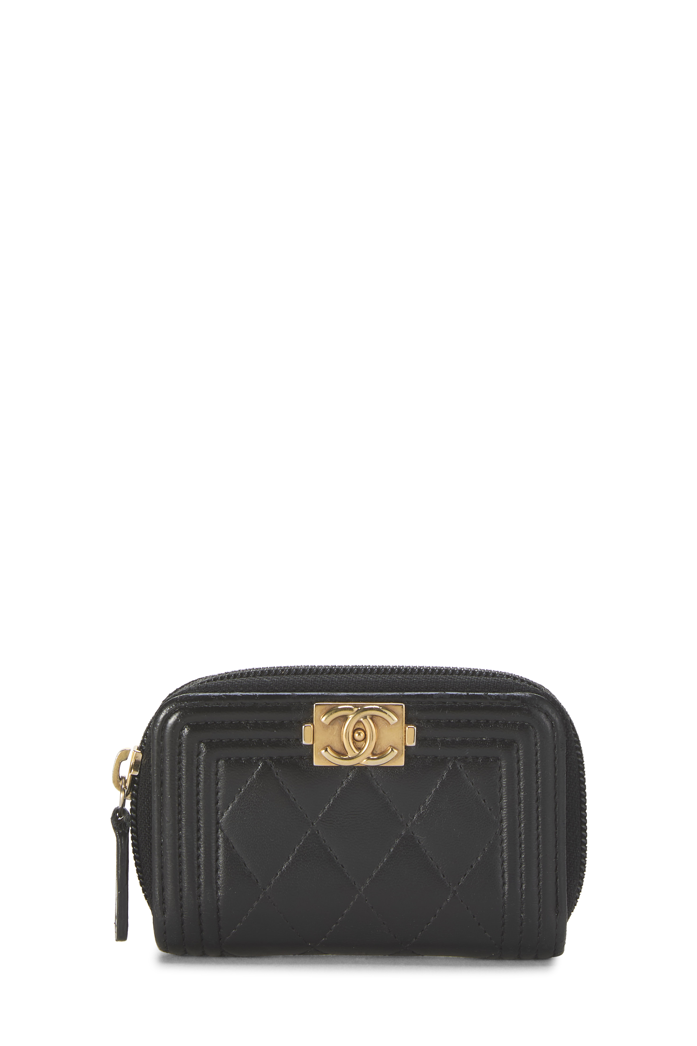 Women's Chanel Black Lambskin Boy Zip Around Coin Purse in Black