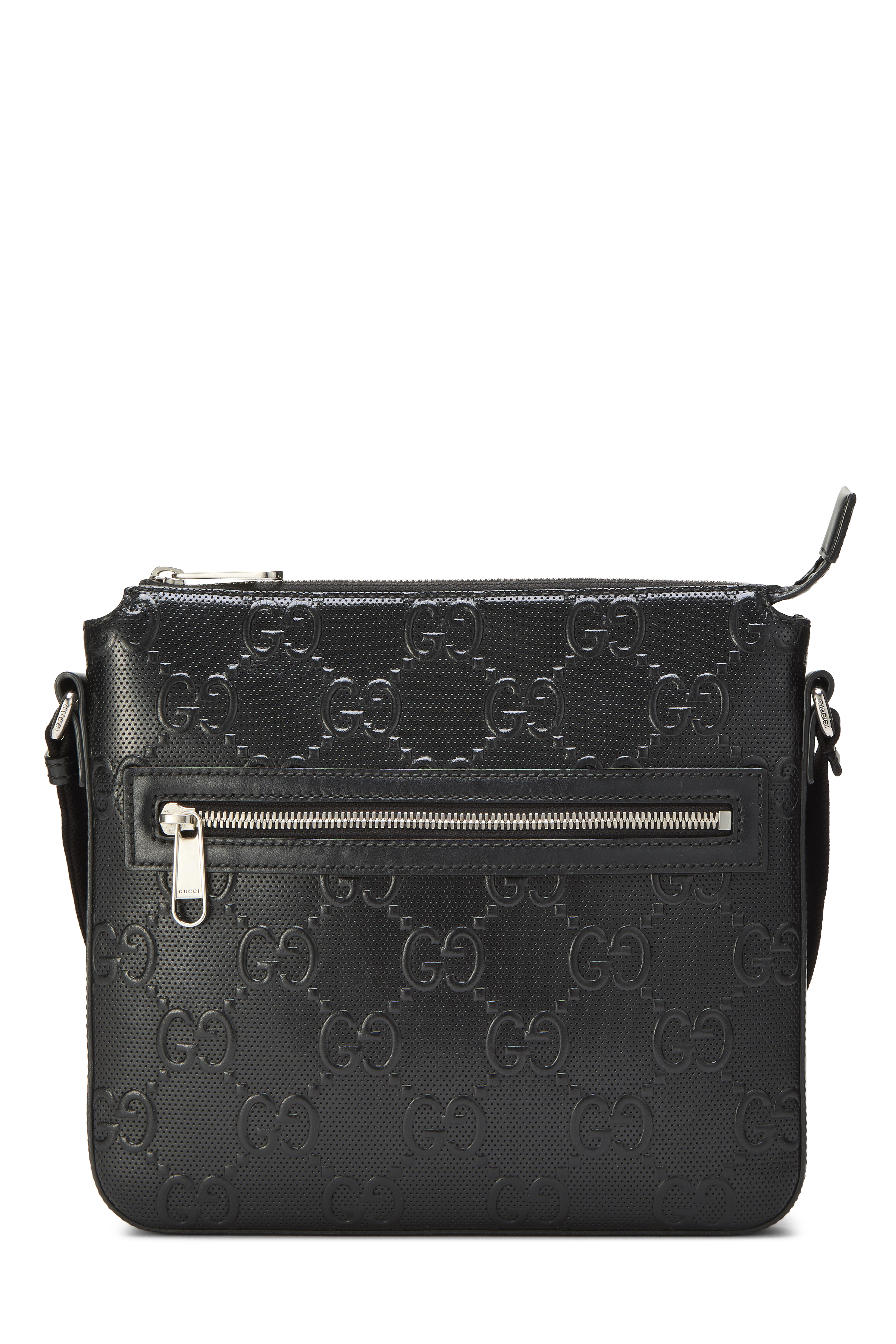 Women's Gucci Black Embossed GG Leather Pocket Messenger in Black