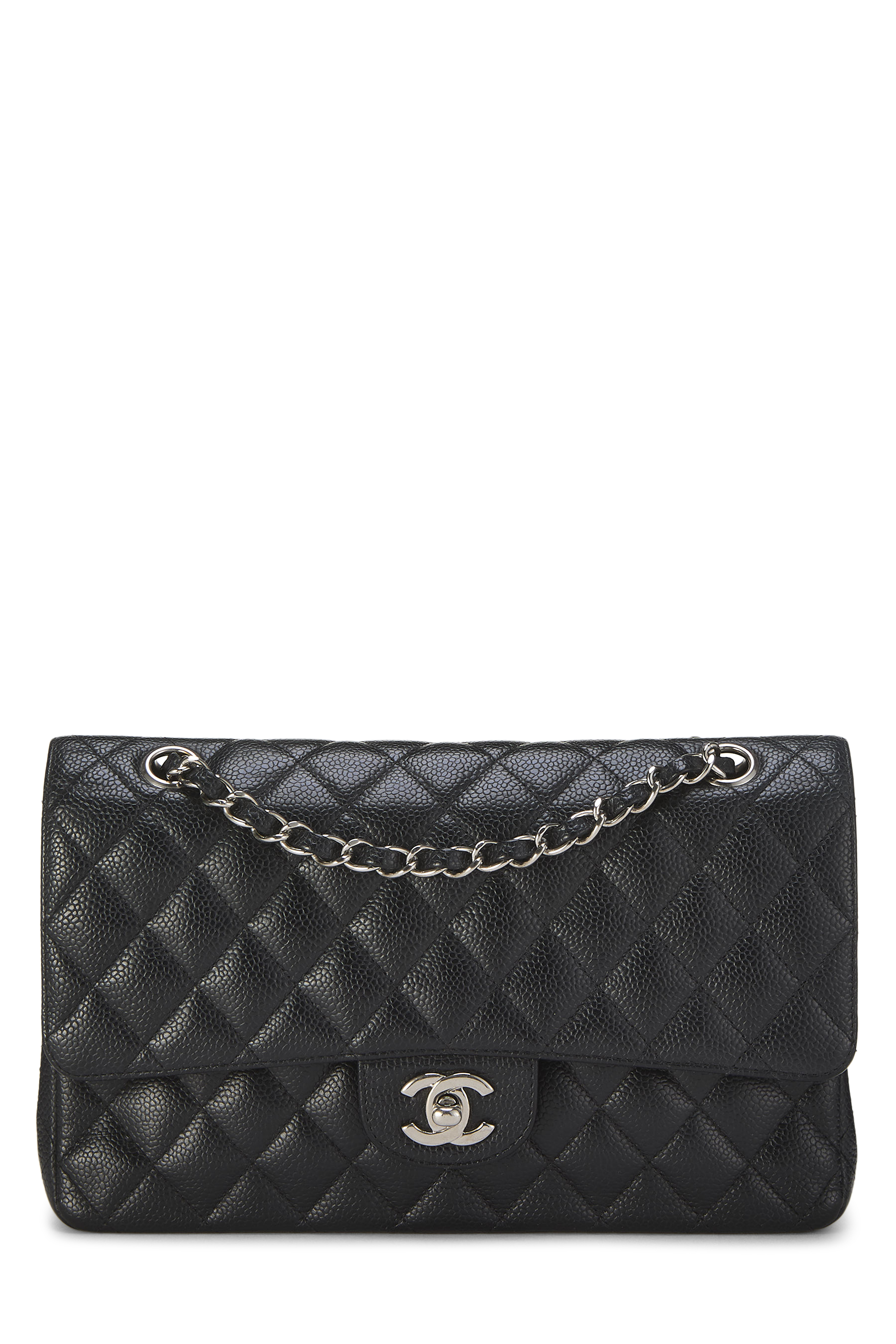 Women's Chanel Black Quilted Caviar Classic Double Flap Medium in Black 10"