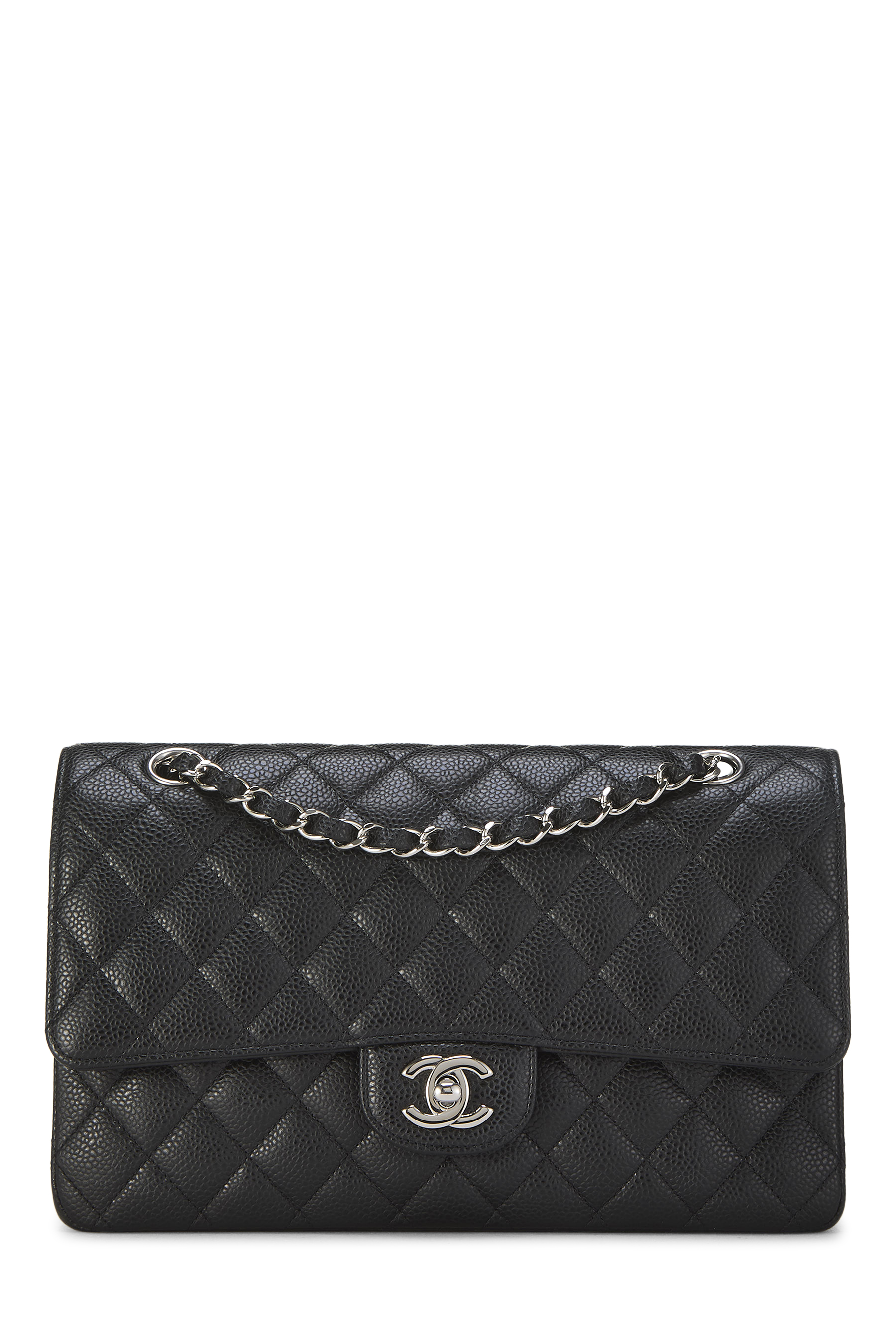 Women's Chanel Black Quilted Caviar Classic Double Flap Medium in Black 10"