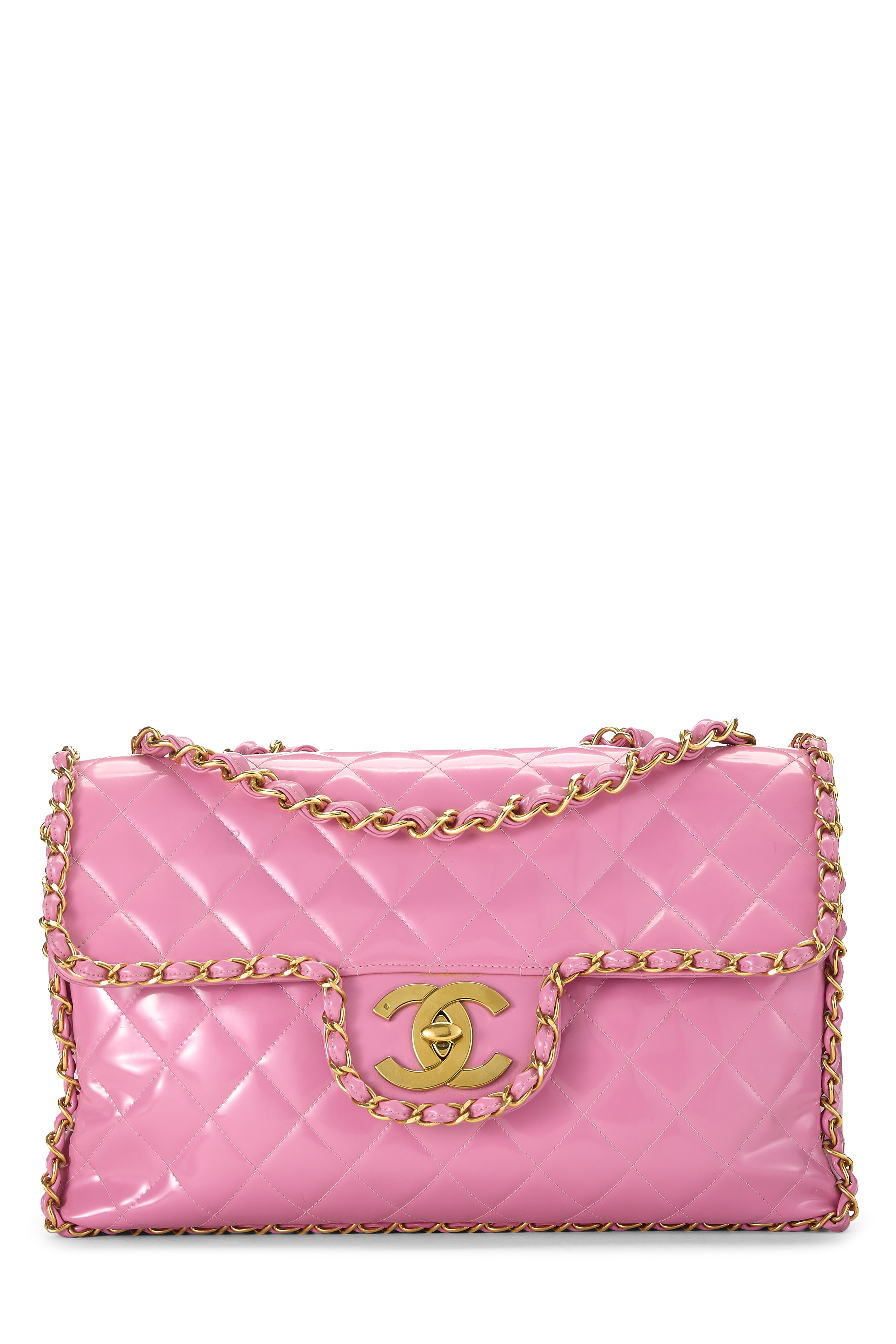 Women's Chanel Pink Quilted Patent Leather Chain Border Flap Maxi in Pink Maxi