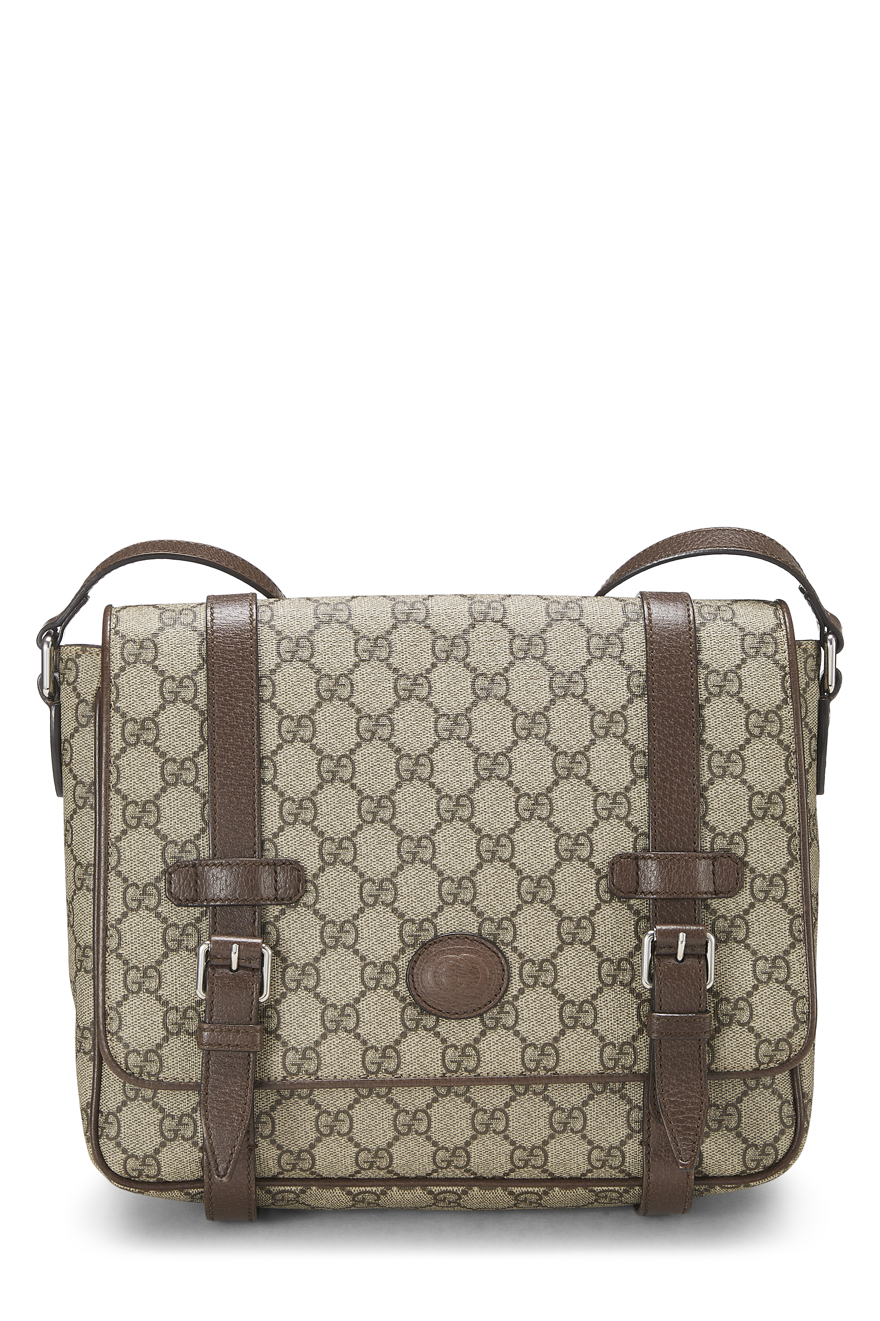 Women's Gucci Brown GG Supreme Canvas Buckle Flap Messenger in Brown