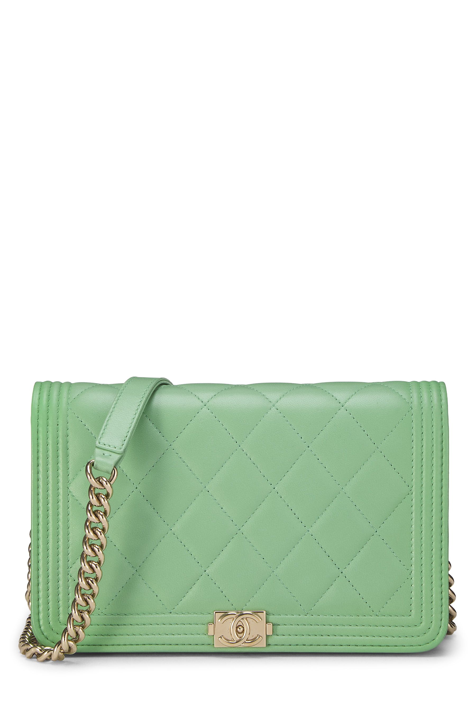 Women's Chanel Green Lambskin Boy Wallet on Chain (WOC) in Green