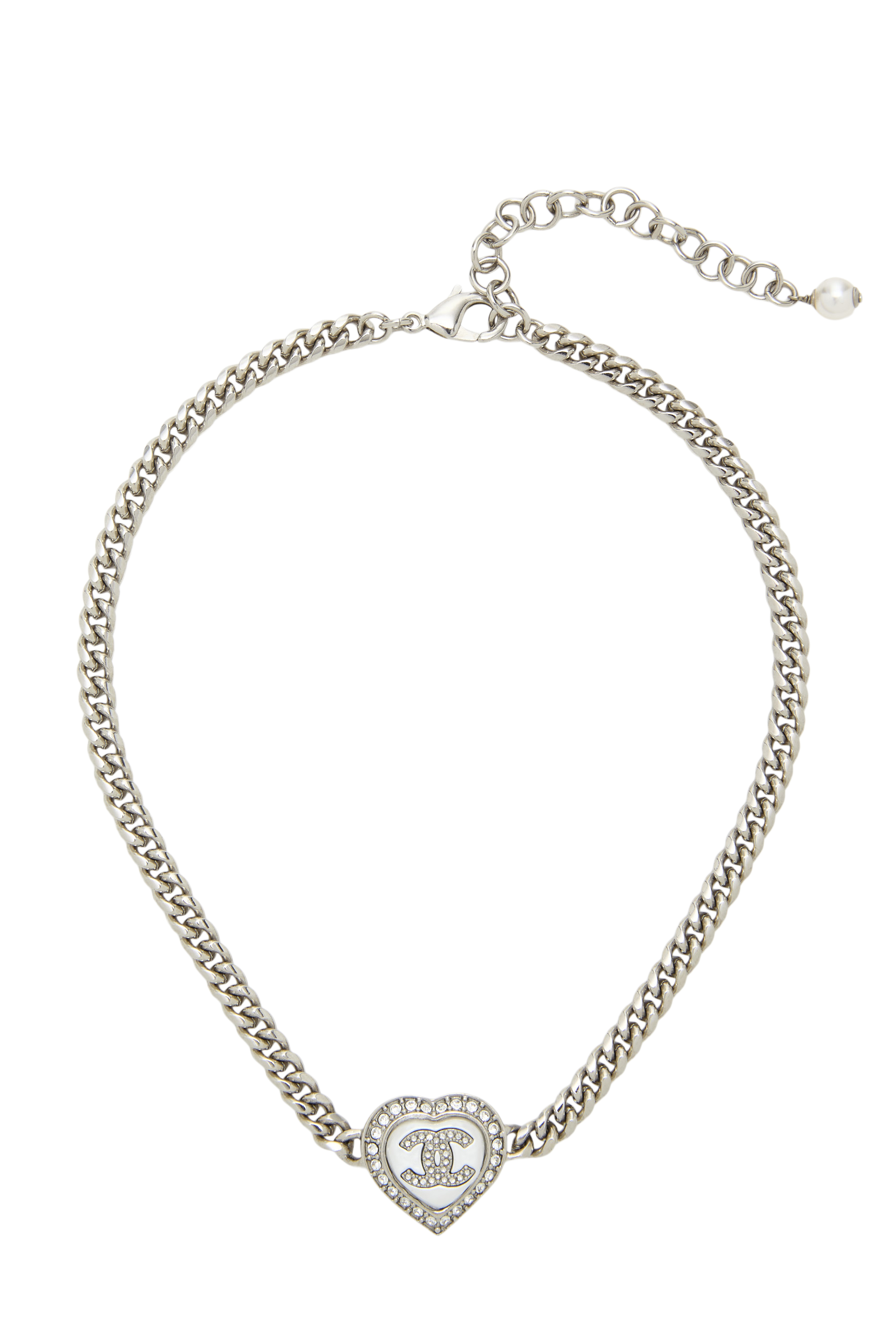 Women's Chanel Silver Crystal 'CC' Heart Choker in Silver