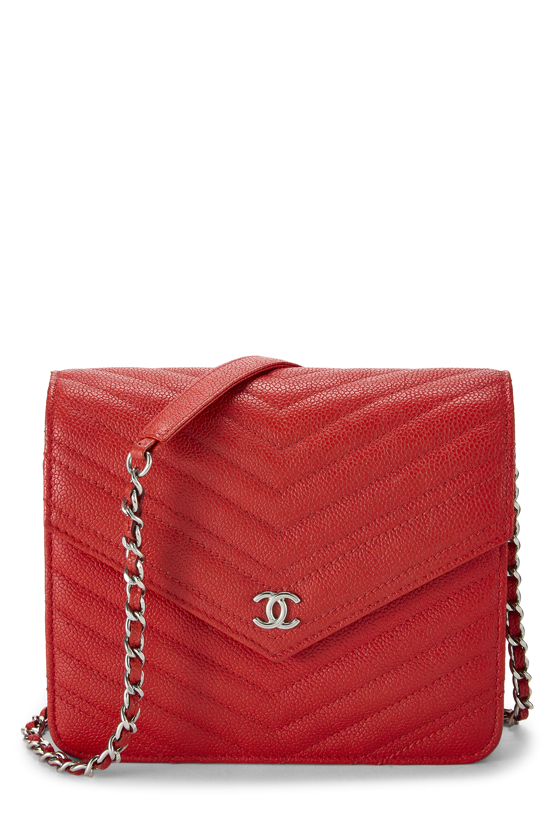 Women's Chanel Red Chevron Caviar Boy Wallet on Chain (WOC) in Red