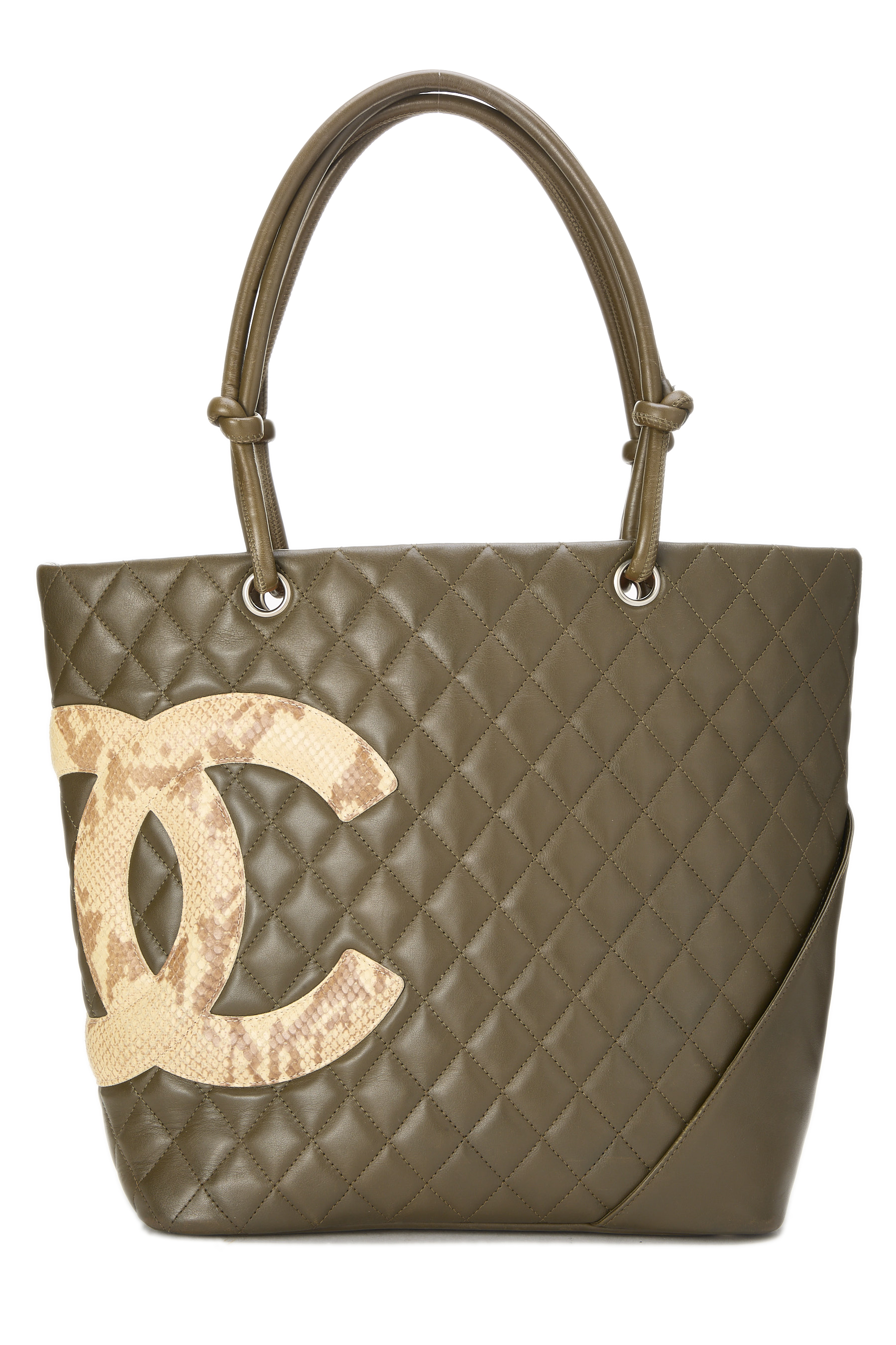 Women's Chanel Olive Quilted Calfskin & Python Cambon Tote Large in Green Large