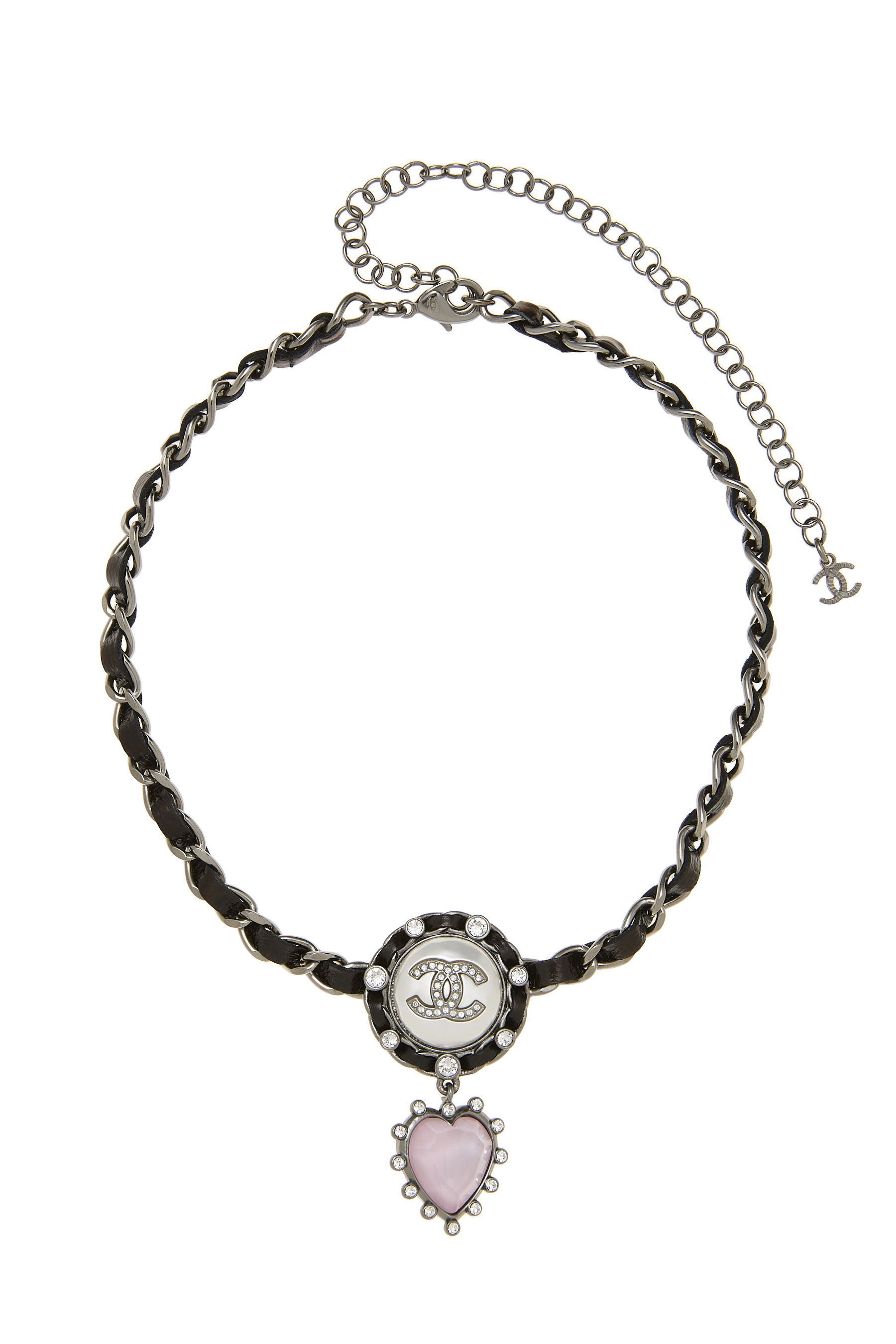 Women's Chanel Pink Silver 'CC' Faux Pearl Heart Necklace in Pink