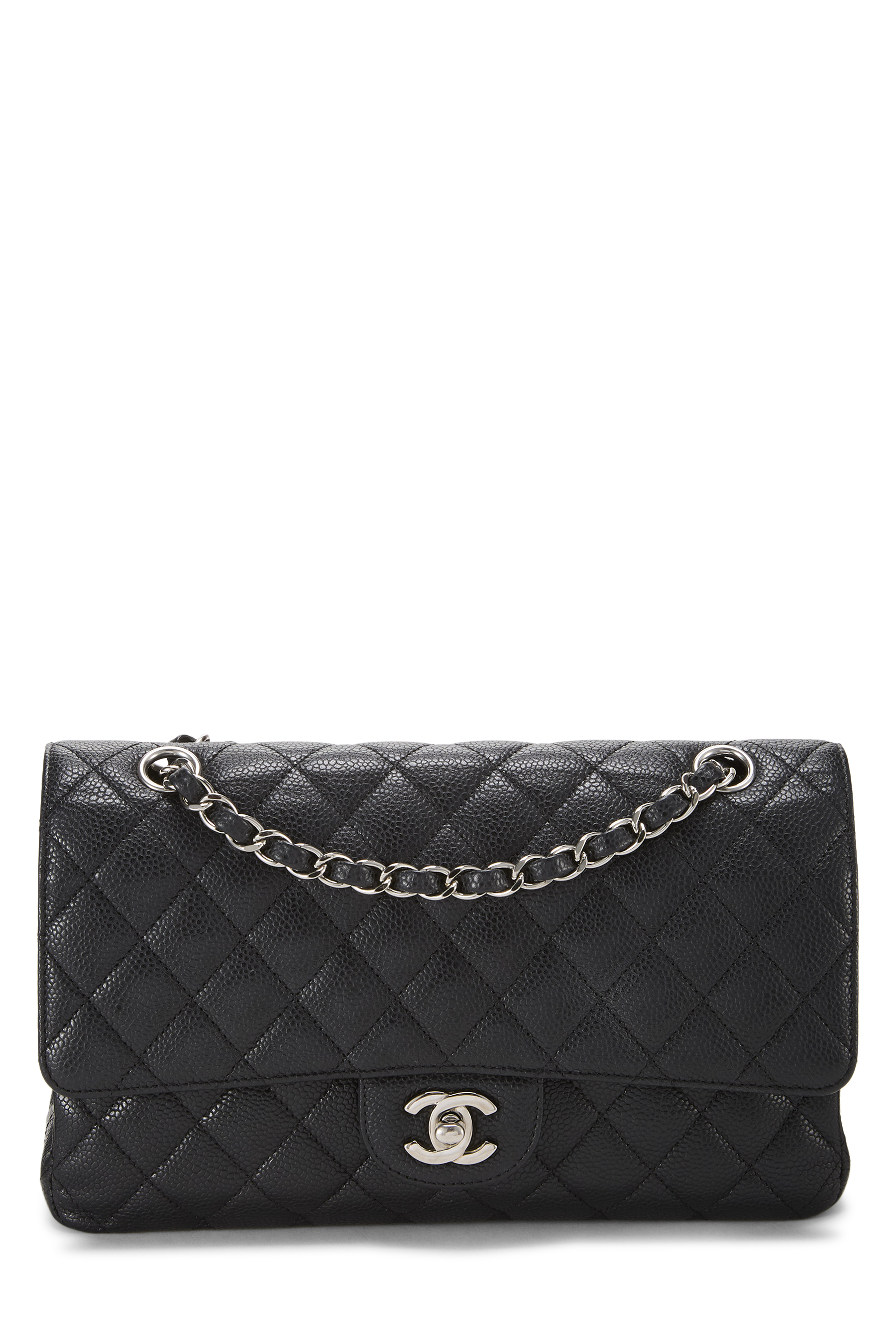 Women's Chanel Black Quilted Caviar Classic Double Flap Medium in Black 10"