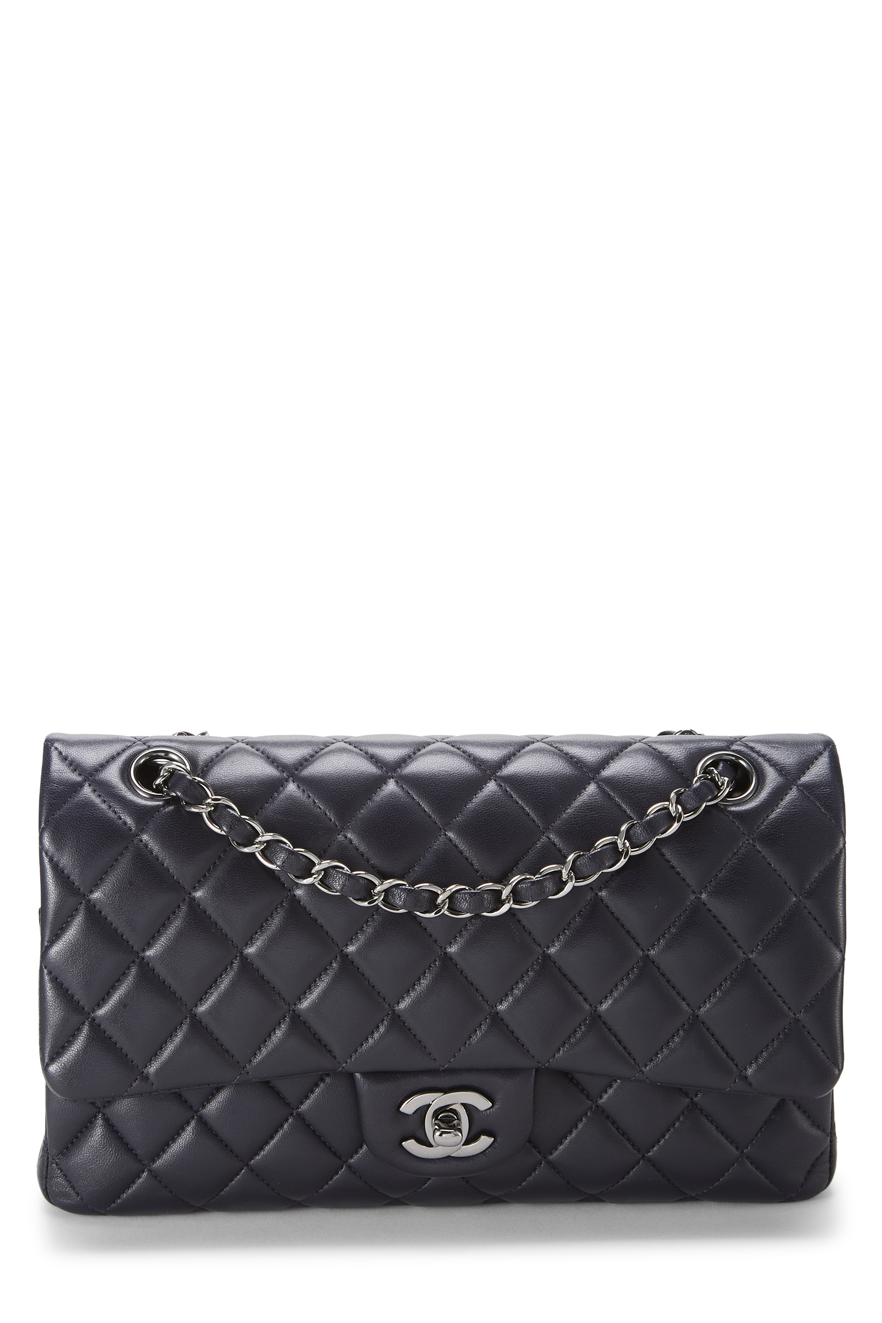 Women's Chanel Navy Quilted Lambskin Classic Double Flap Medium in Navy 10"