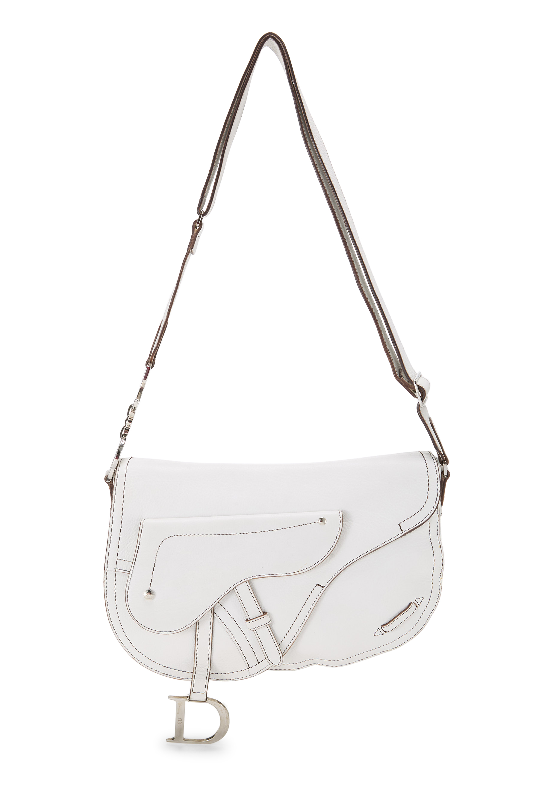 Women's Christian Dior White Calfskin Saddle Messenger in White