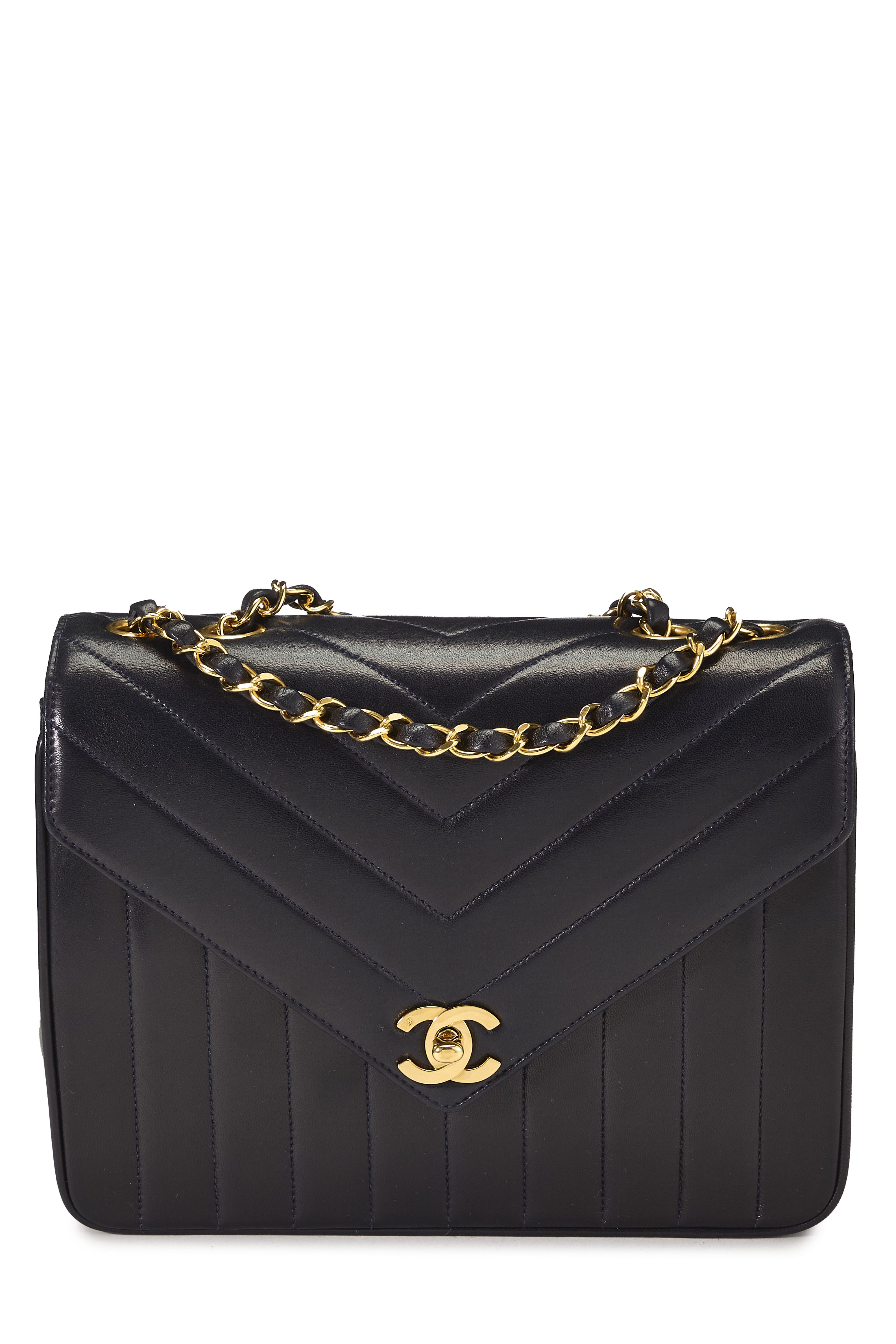 Women's Chanel Navy Lambskin Chevron Envelope Flap Small in Navy 9"
