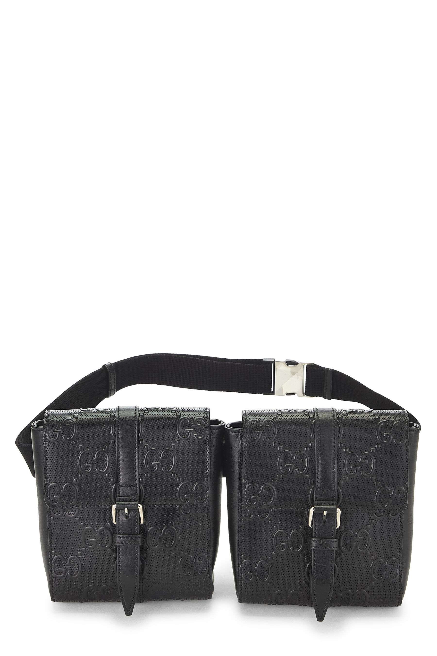 Women's Gucci Black Embossed GG Double Pouch Belt Bag in Black