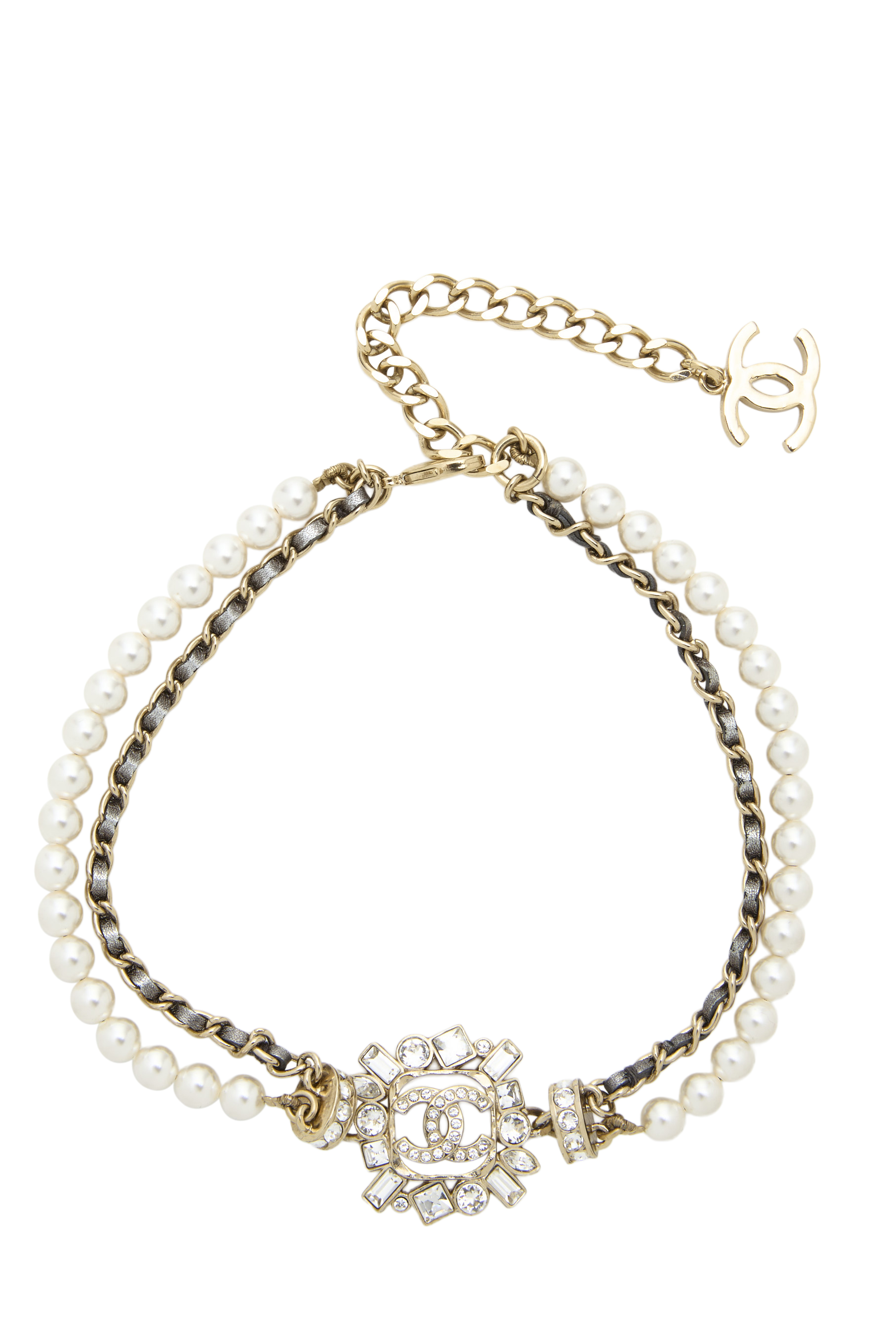 Women's Chanel Gold Faux Pearl 'CC' Crystal Choker in Gold