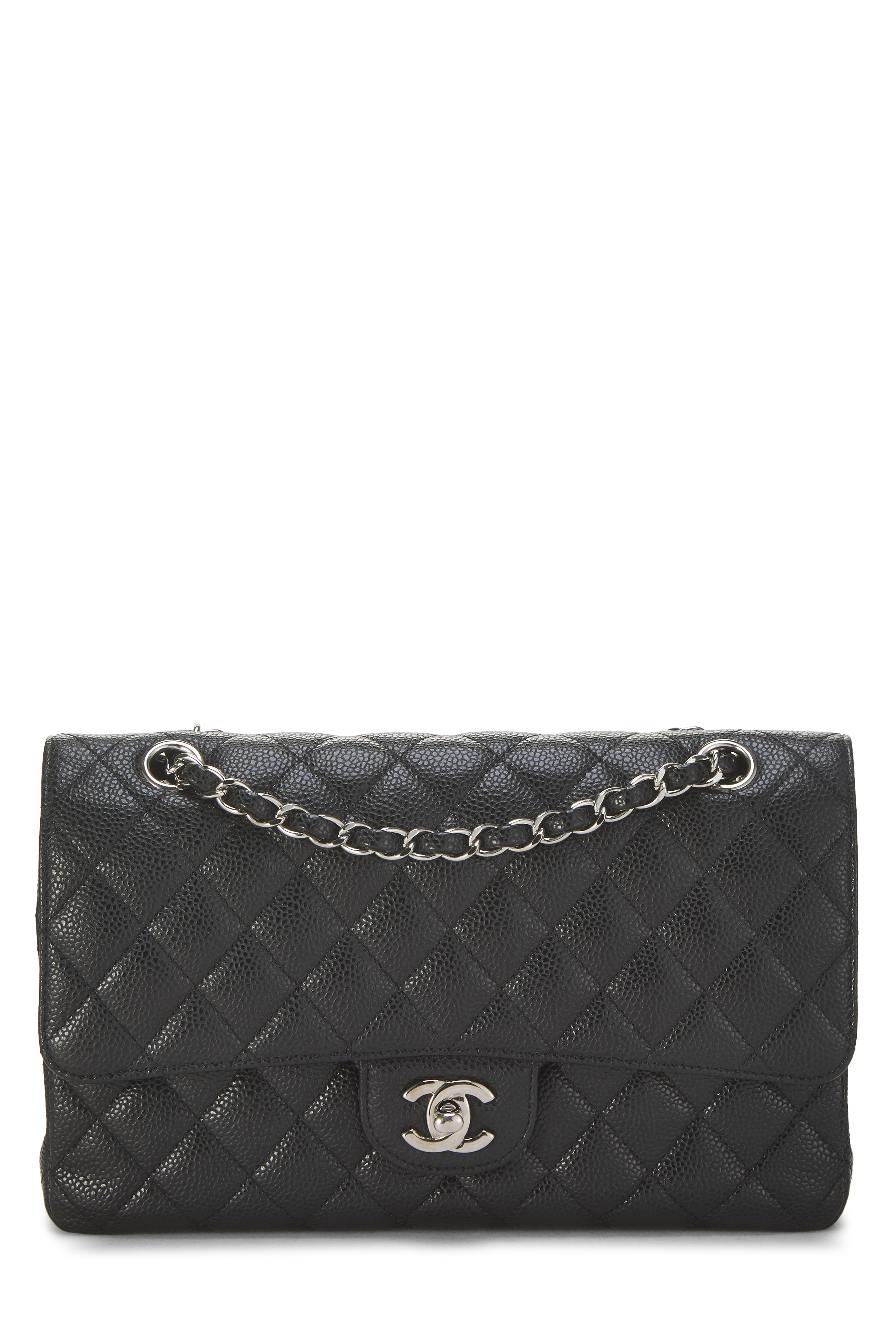 Women's Chanel Black Quilted Caviar Classic Double Flap Medium in Black 10"