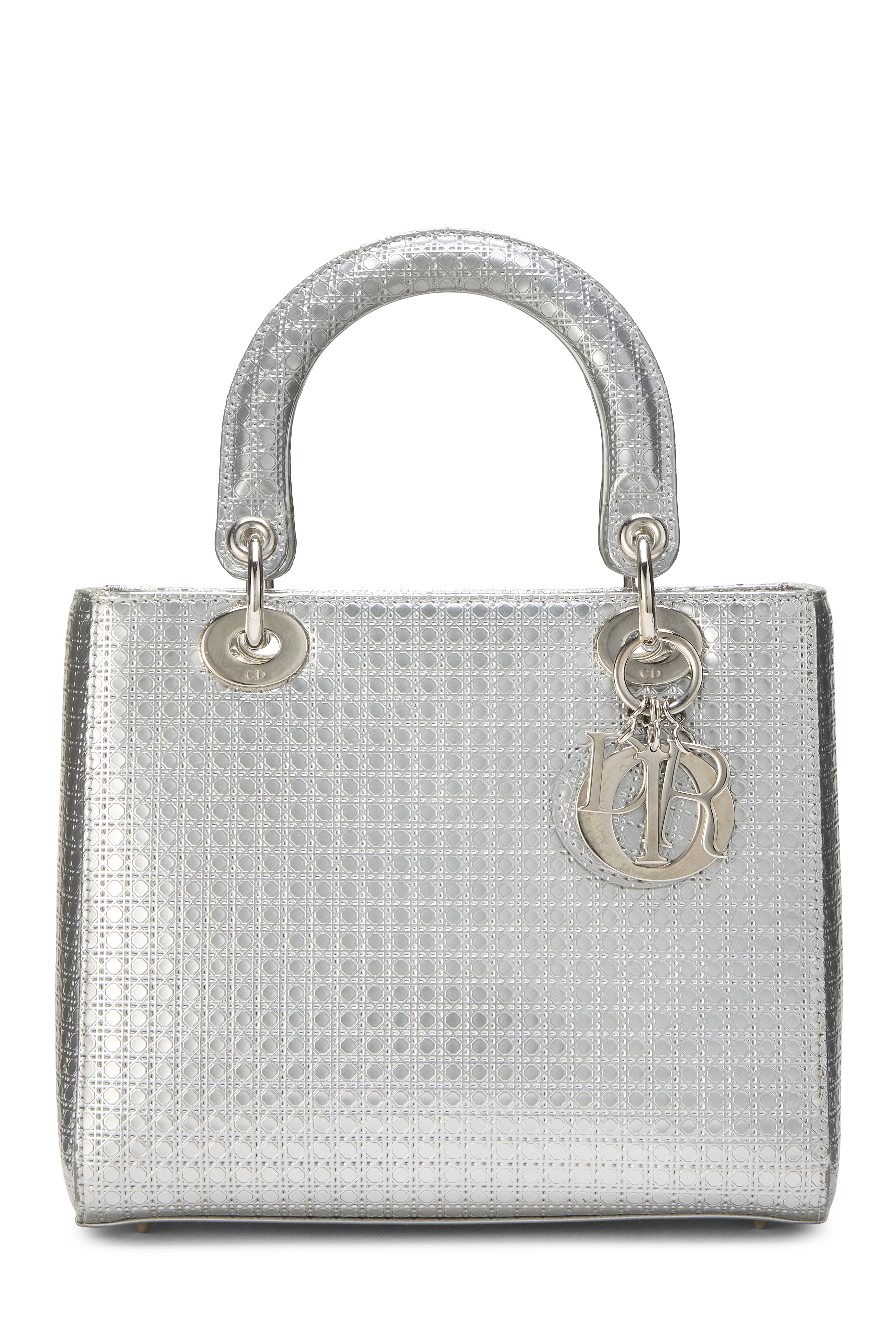 Women's Christian Dior Silver Microcannage Patent Leather Lady Dior Medium in Silver Medium