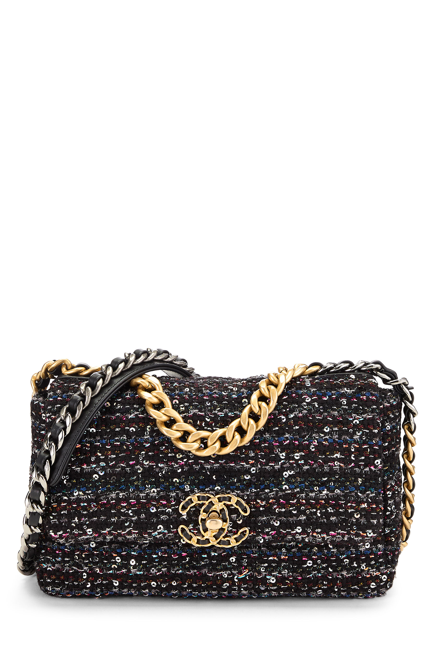 Women's Chanel Black Sequin Tweed 19 Flap Bag Medium in Black Medium