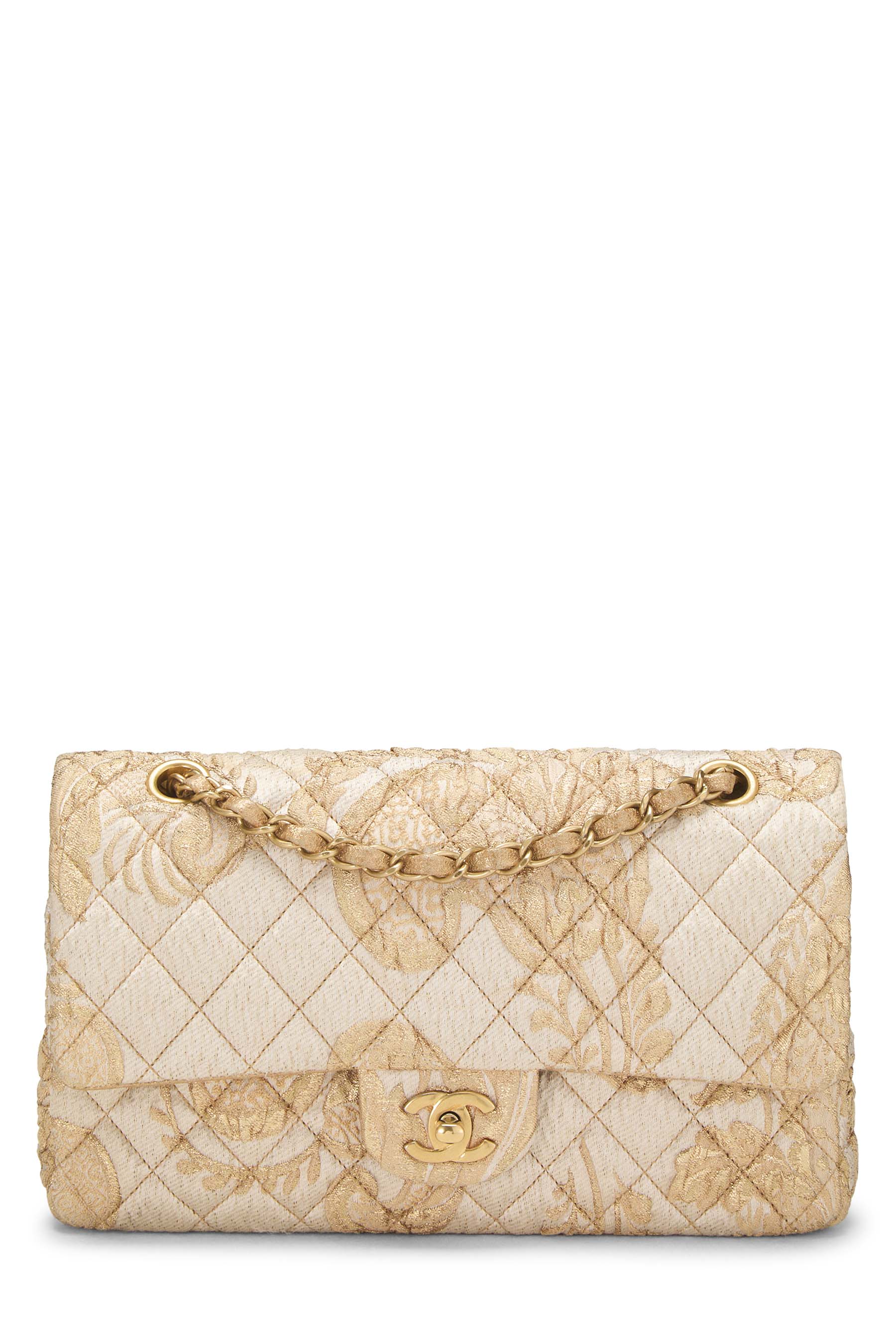 Women's Leather Chanel Gold Quilted Brocade Classic Double Flap Medium in Gold 10"