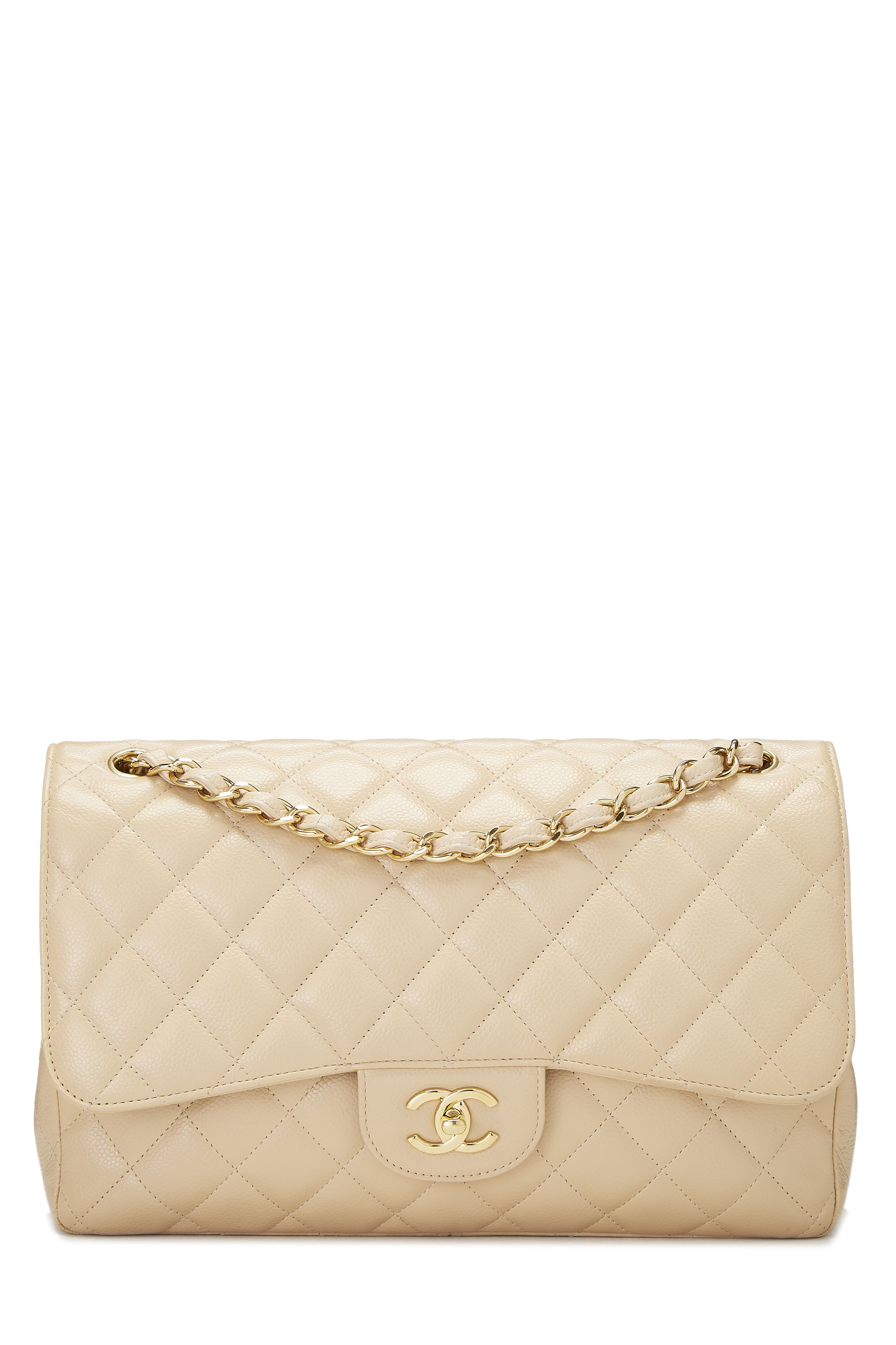 Chanel - Beige Quilted Caviar New Classic Double Flap Jumbo