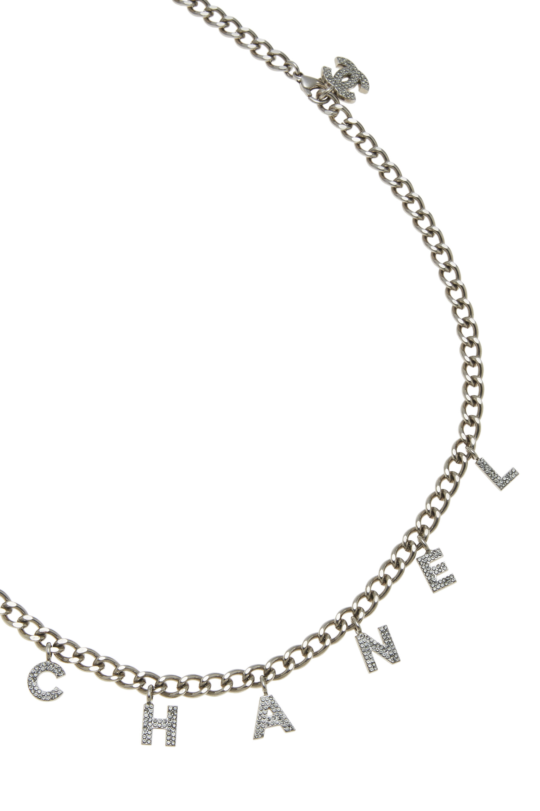 Chanel Silver Crystal Logo Letters Chain Belt Q6AJYA2OVB005