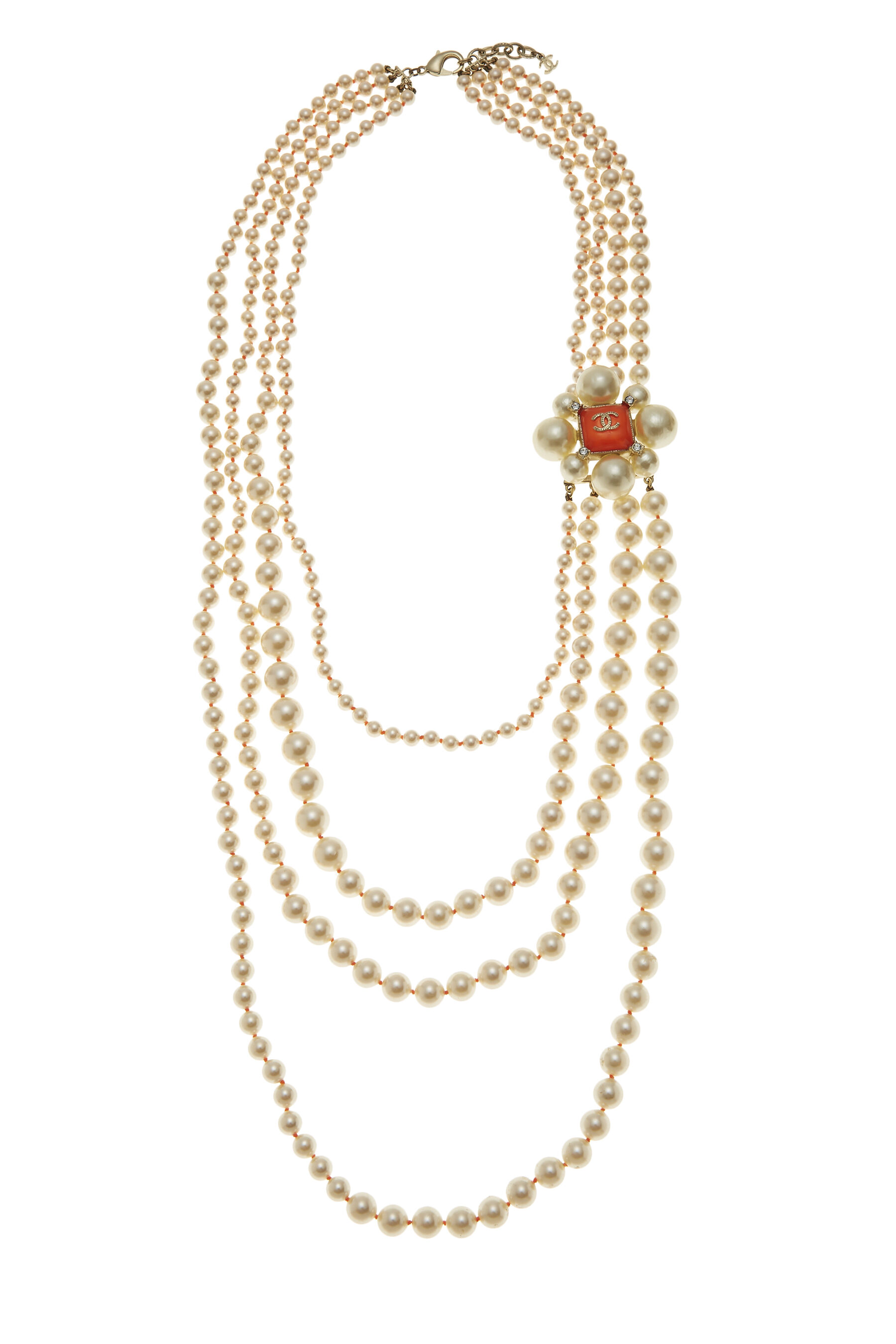 Chanel Faux Pearl & Orange Gripoix Layered Long Necklace