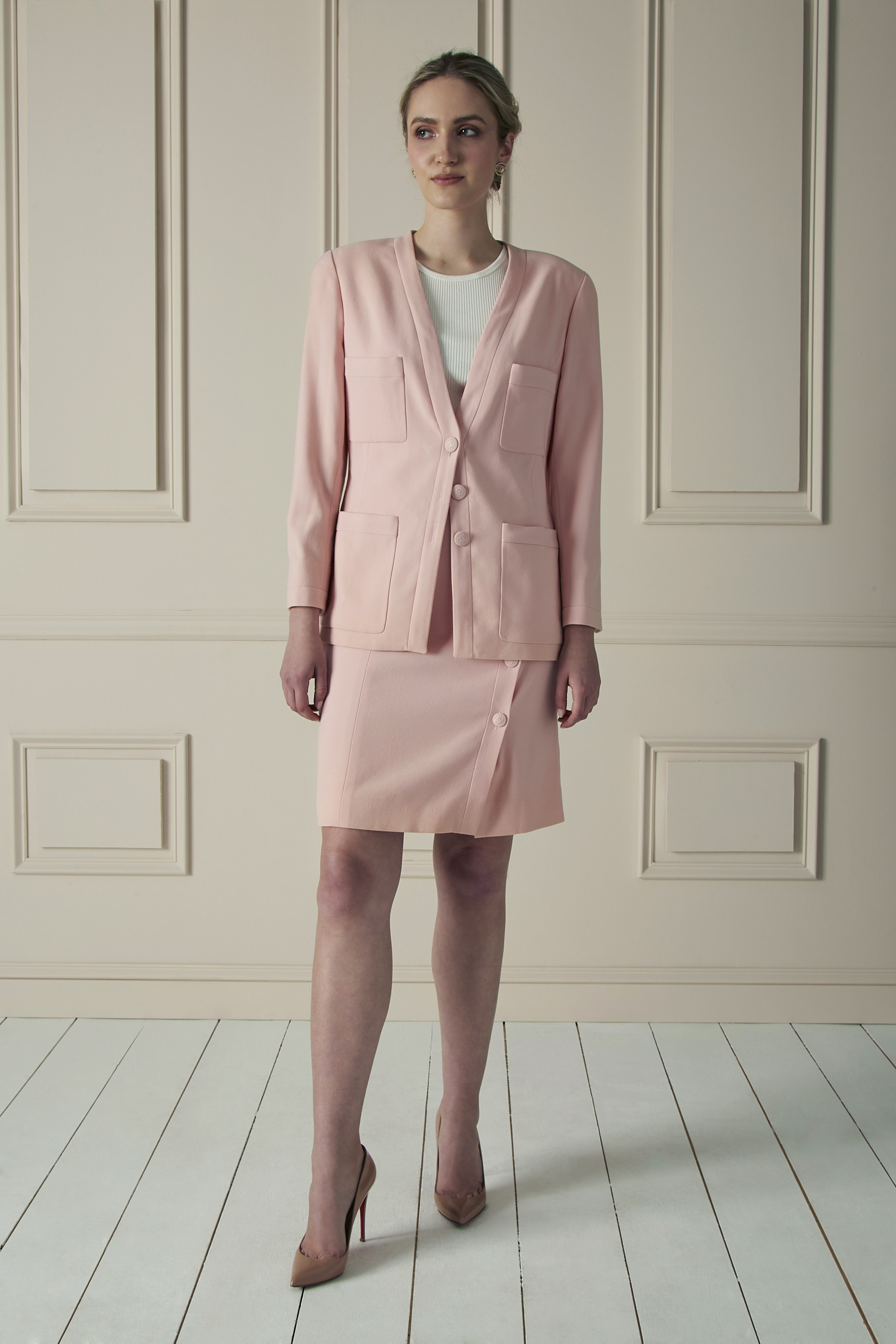 Chanel Pink Wool Skirt Suit Set
