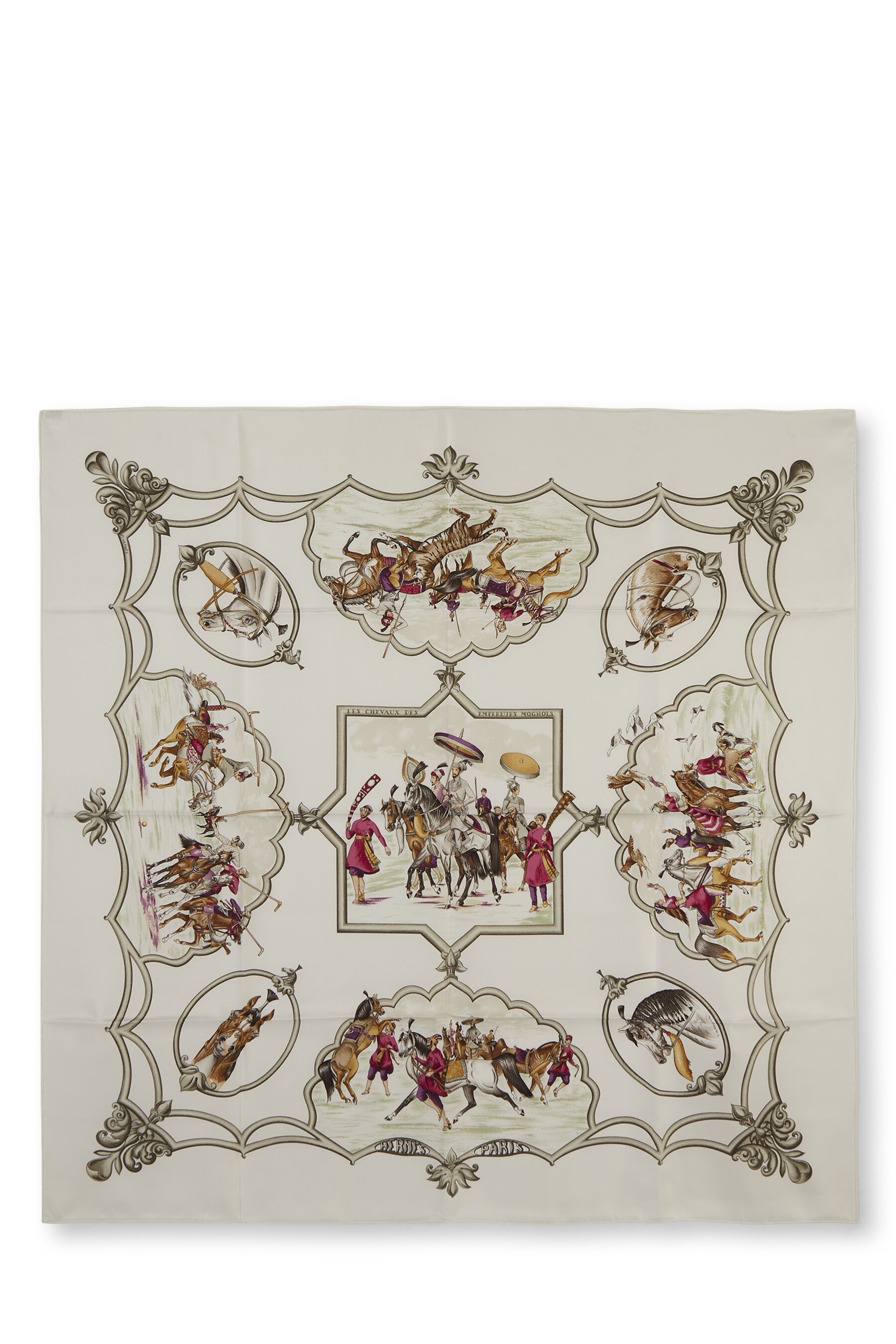 Hermès White & Multicolor 'Les Chevaux des Empereurs Moghols' Silk