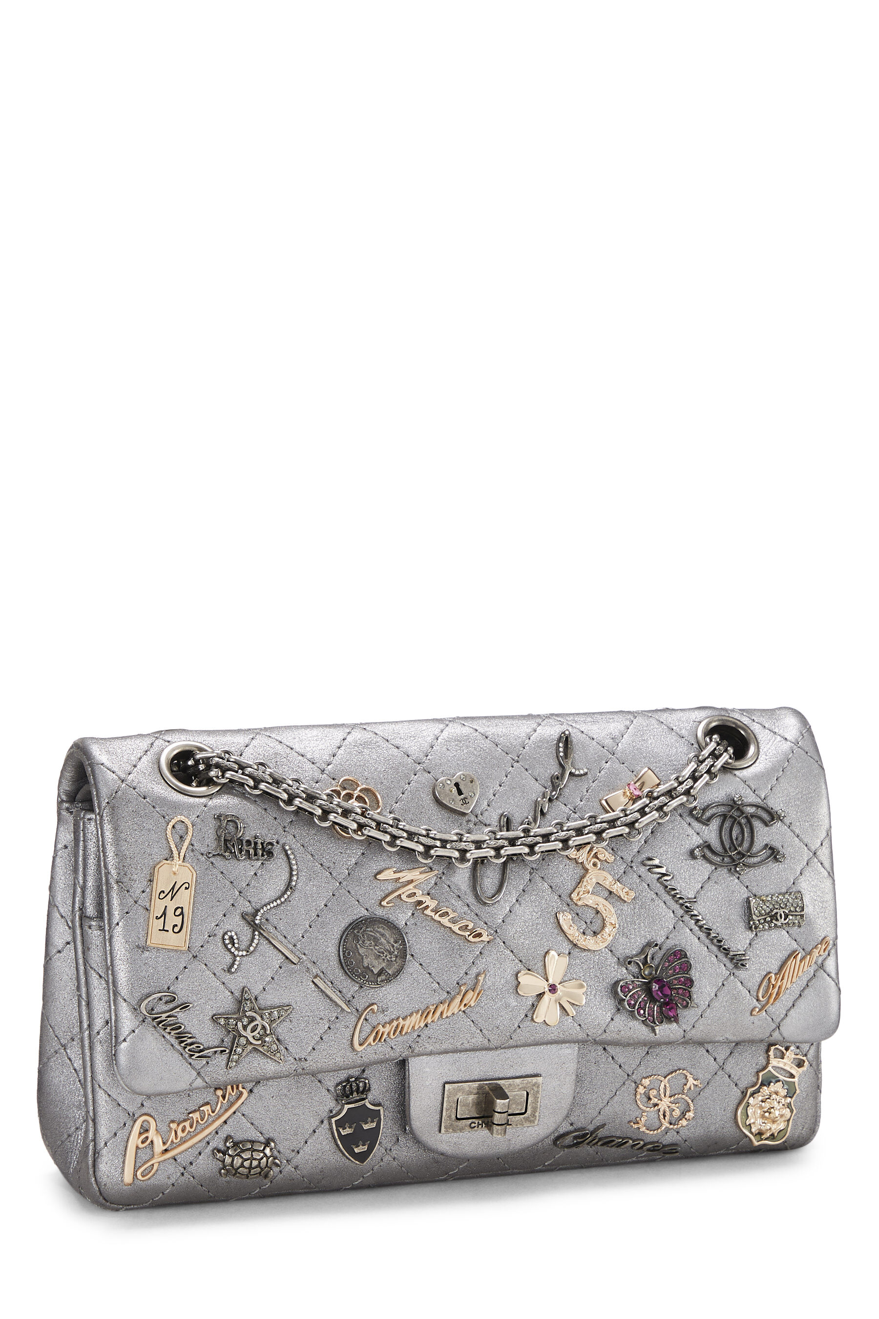 Silver Chanel Lucky Charms Embroidered Classic Single Flap Shoulder Ba –  Designer Revival