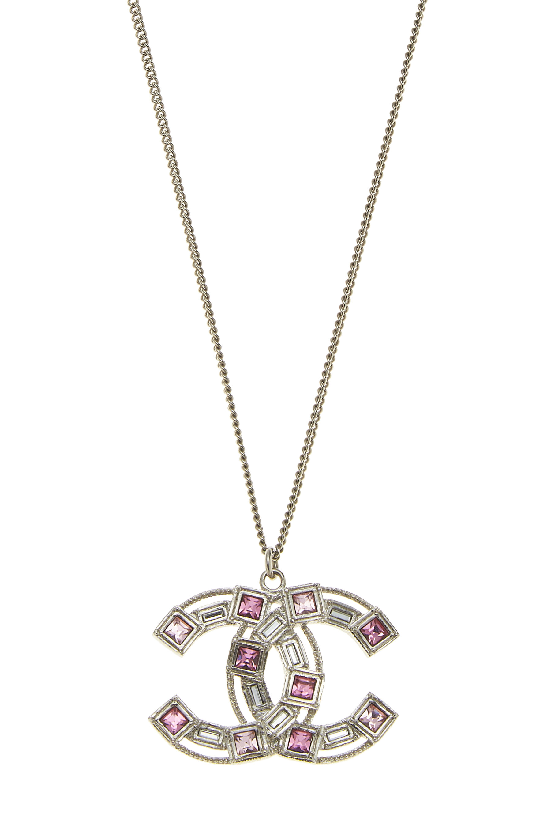 Chanel Silver & Pink Crystal 'CC' Necklace Q6J13X2OPB002