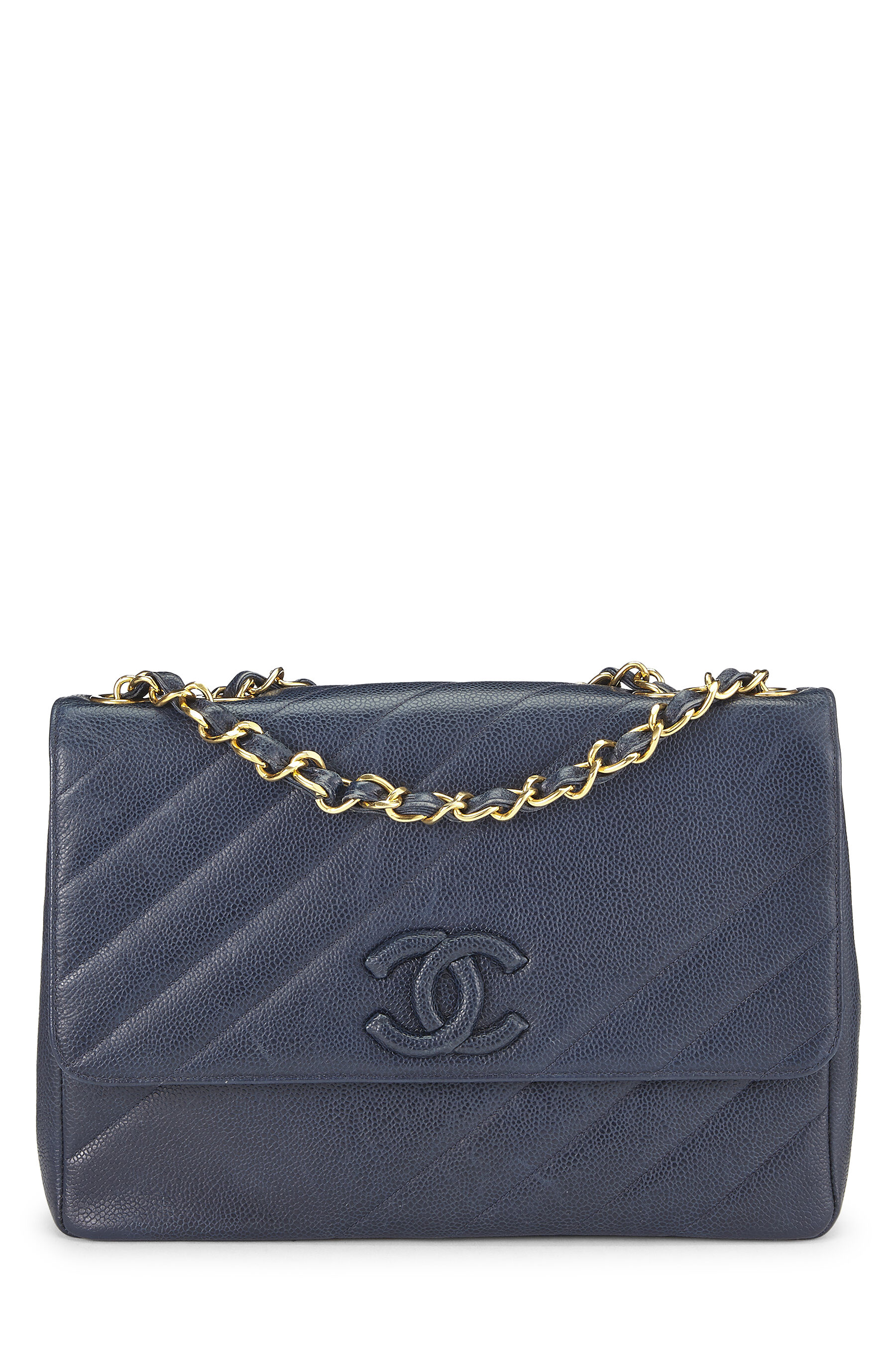 Pre-Owned Navy Caviar Diagonal Quilted Shoulder Bag Jumbo