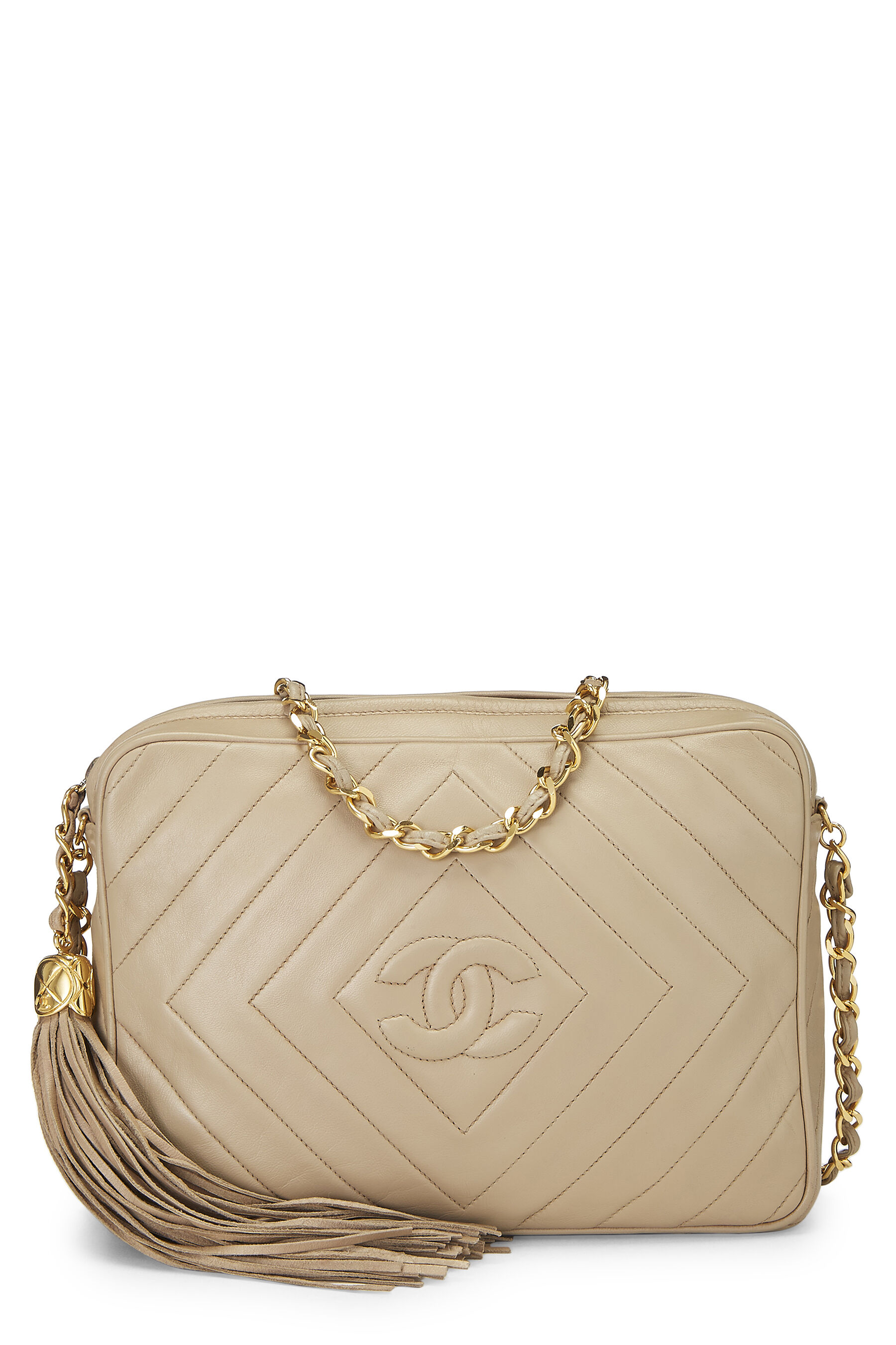 Chanel - Beige Lambskin Diamond 'CC' Camera Bag Medium