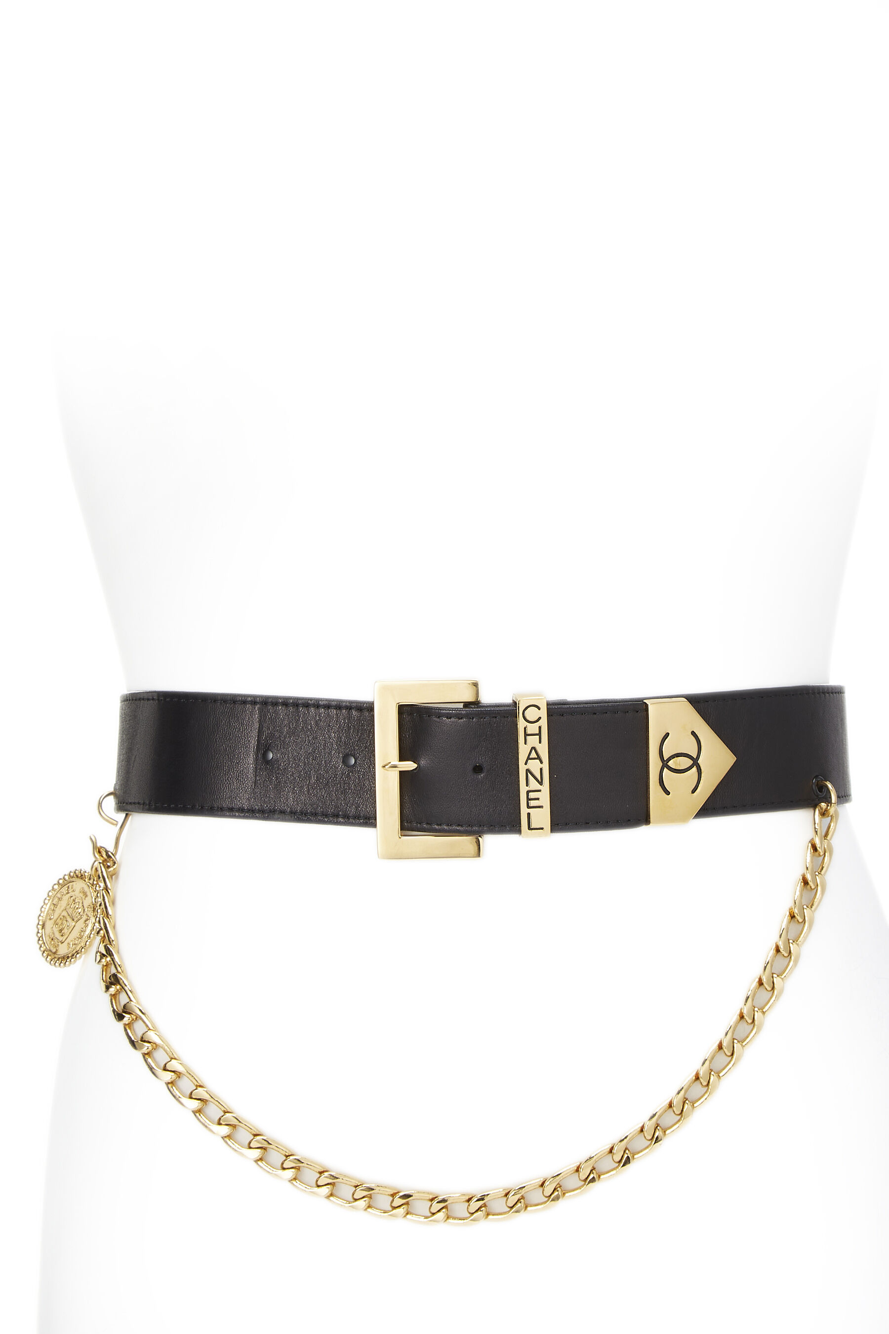 Chanel - Black Leather & Gold Draped Chain Waist Belt 75