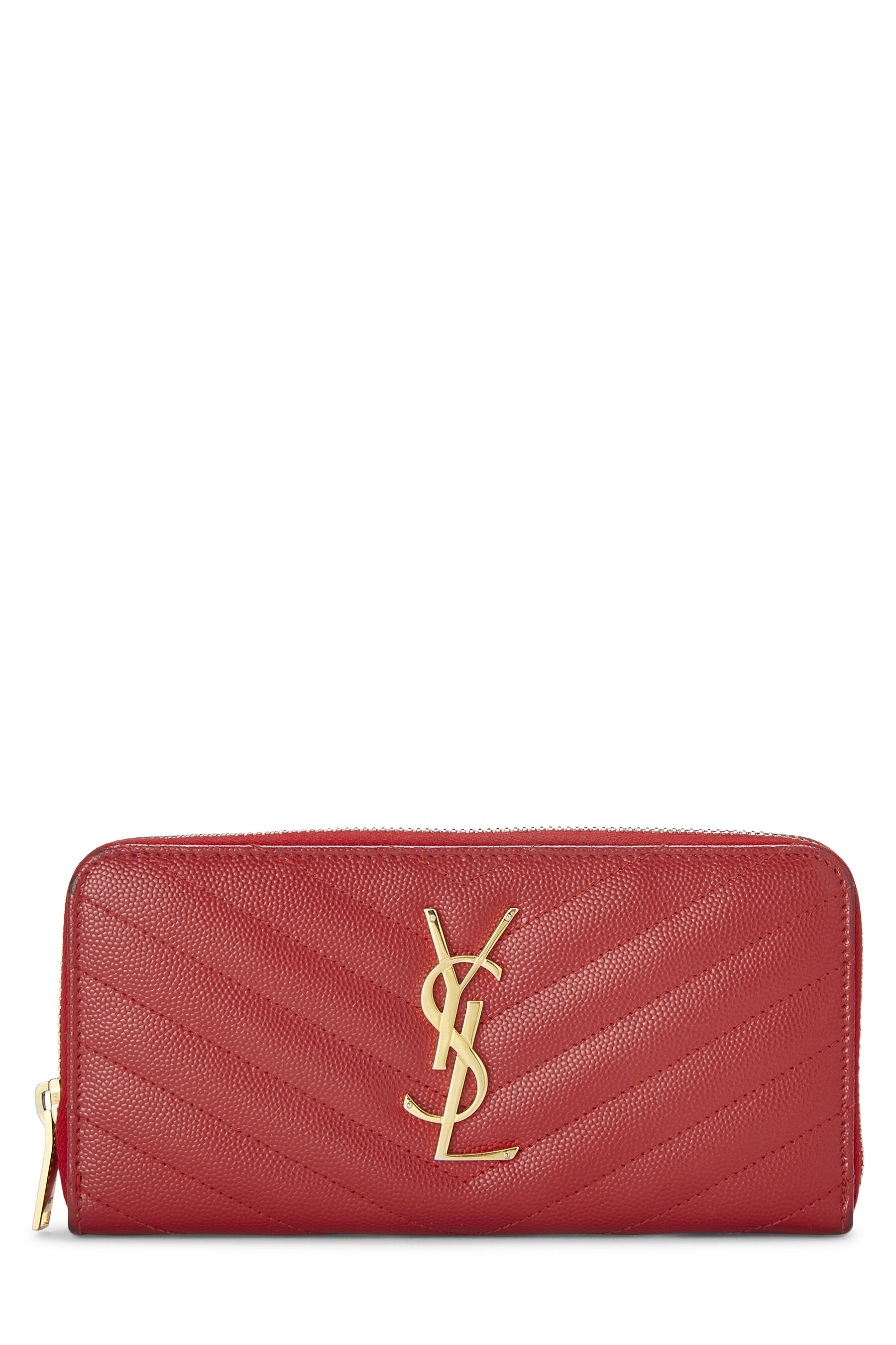 Ysl Classic Monogram Zip Around Matelasse Chevron Wallet, Red
