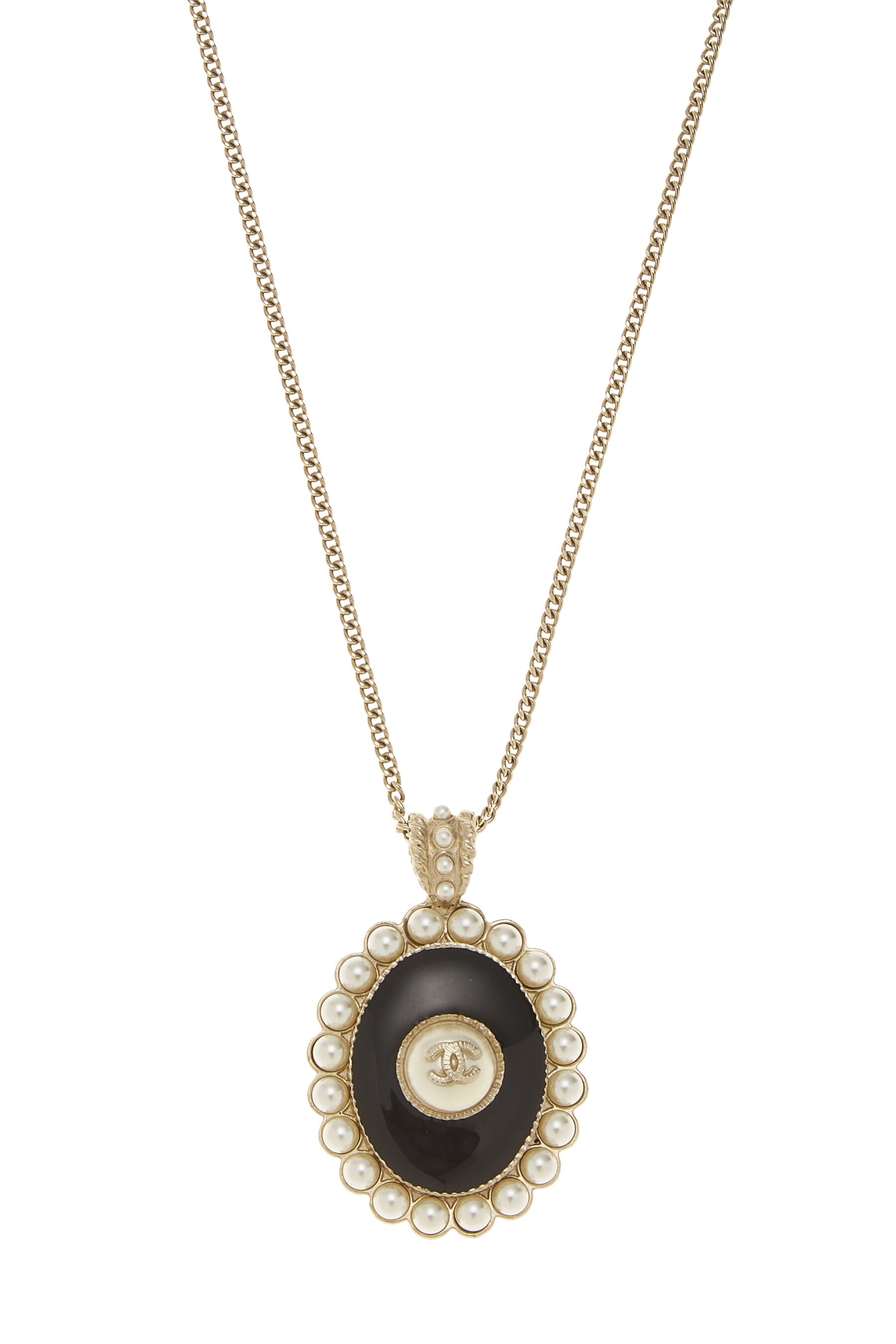 Chanel Black Enamel & Faux Pearl Oval Pendant Necklace Q6J4SV17DB000