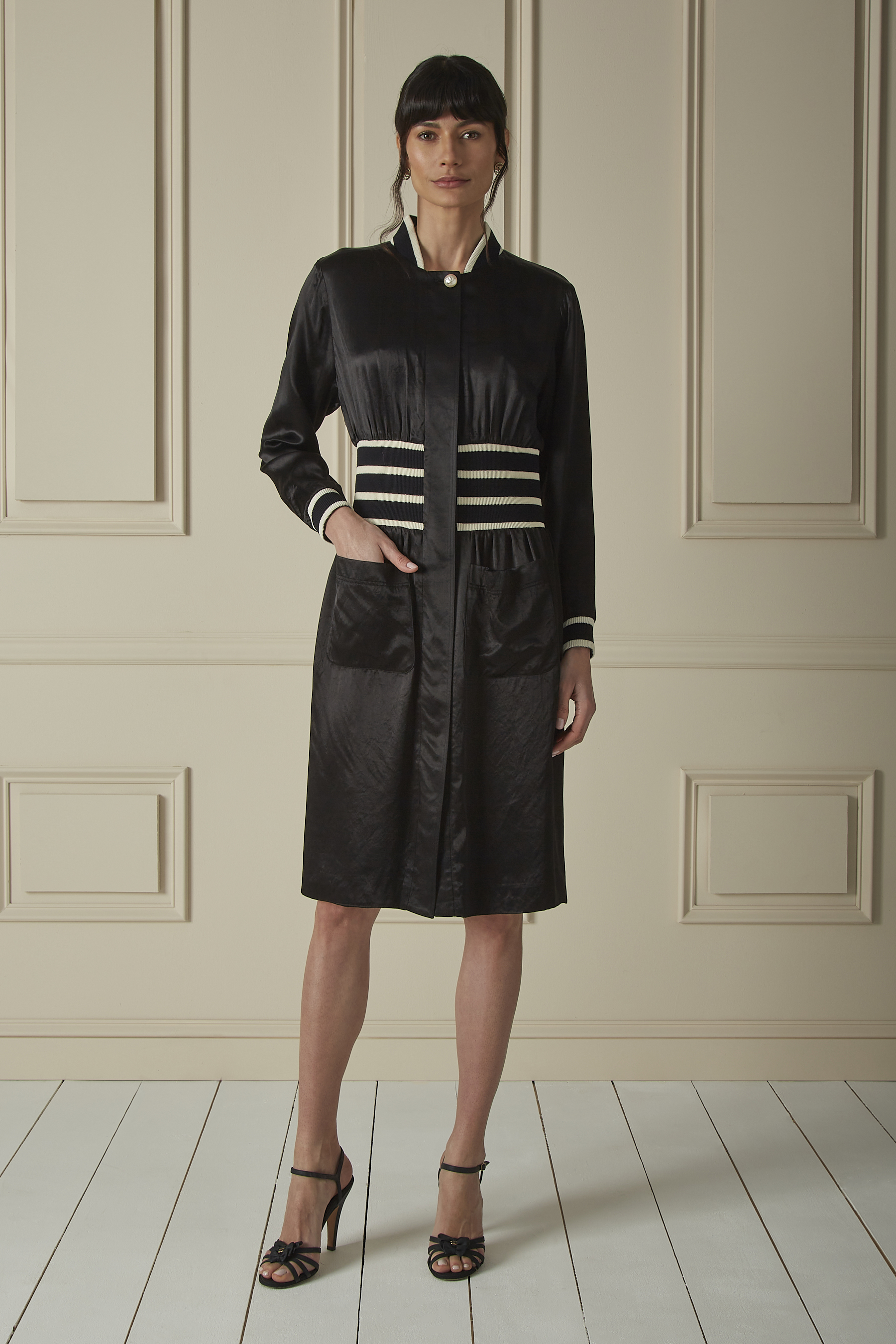 Chanel - Black Satin Striped-Trim Midi Dress