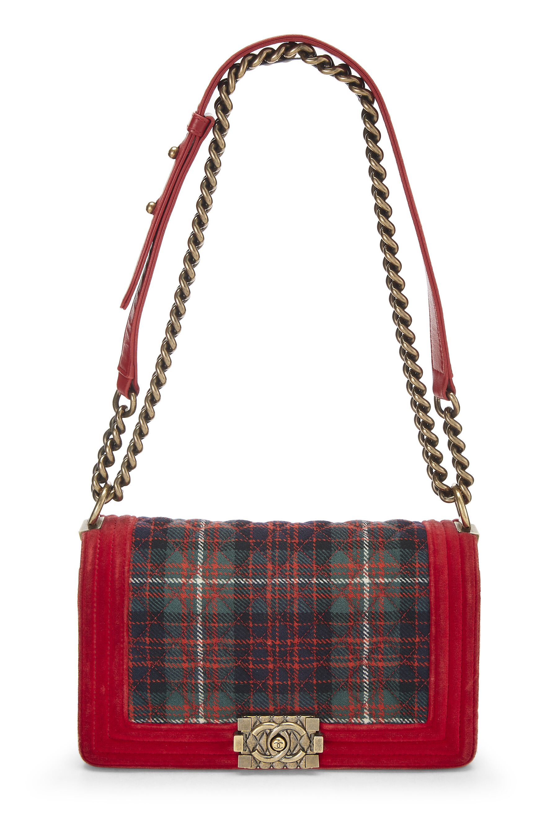 Chanel Paris-Edinburgh Red Tartan Velvet Boy Bag Medium Q6B01A4FR7002