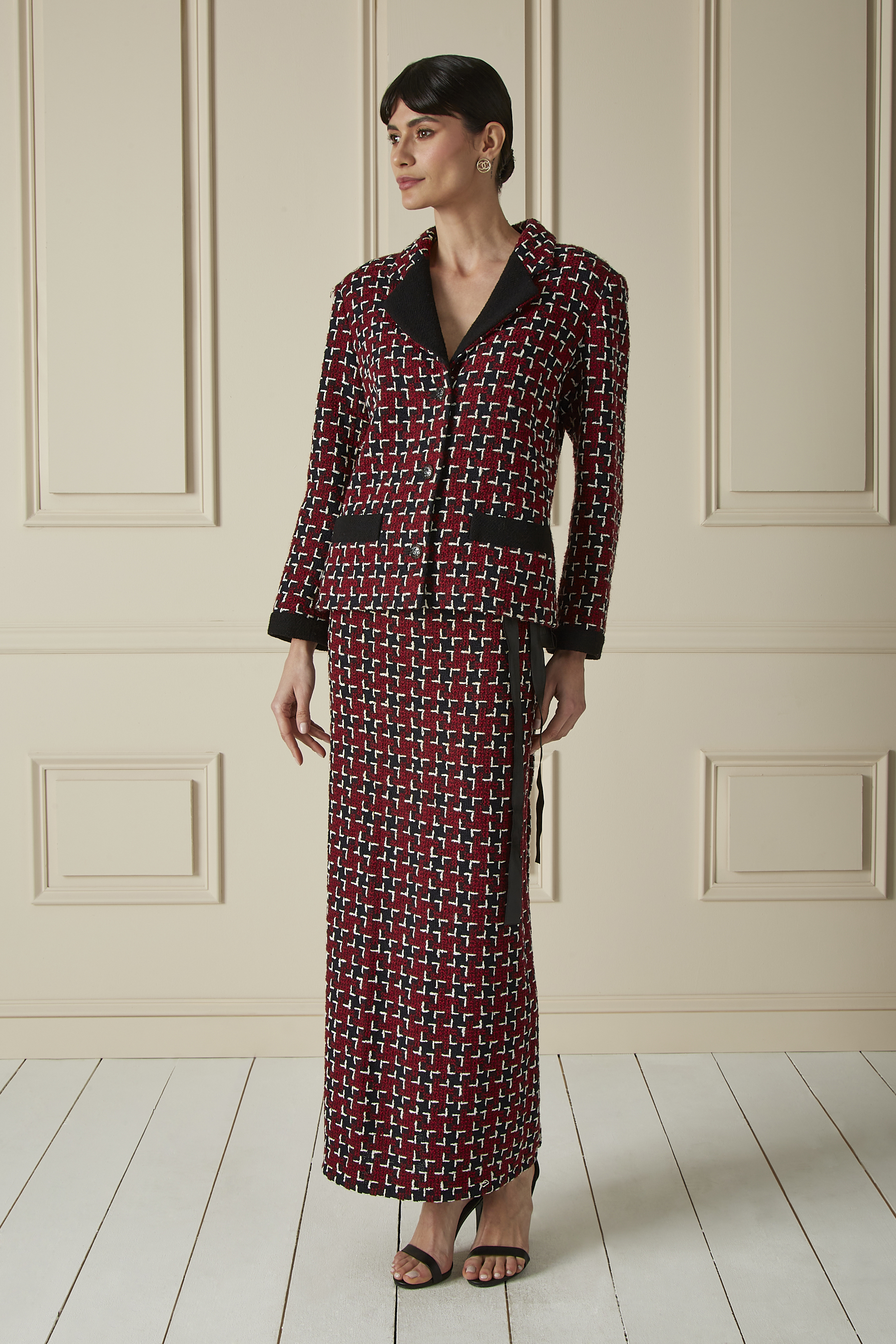 Chanel Red & Navy Tweed Maxi Skirt Suit