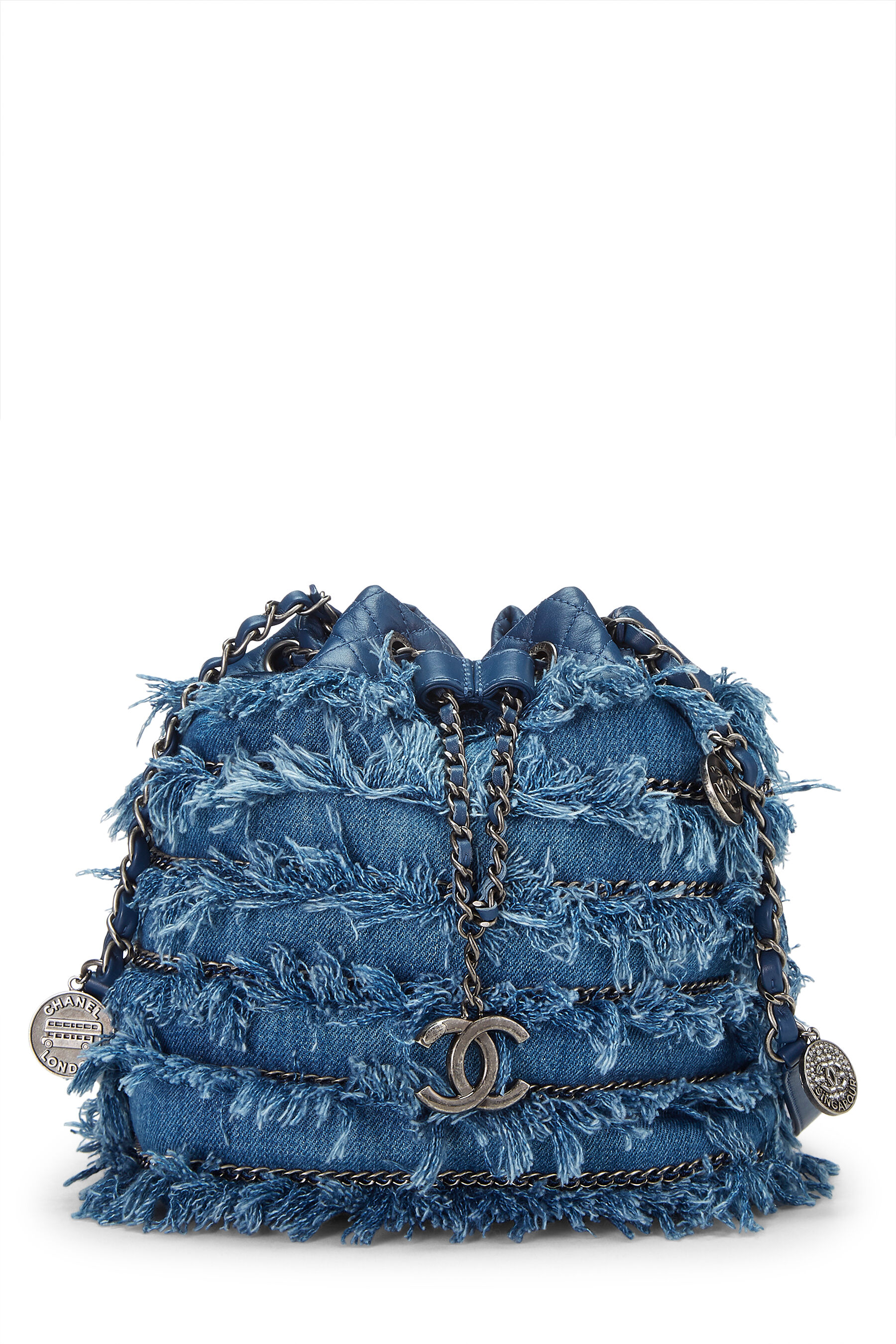 CHANEL Calfskin Denim Fringe Chains CC Drawstring Bucket Bag Blue 145827