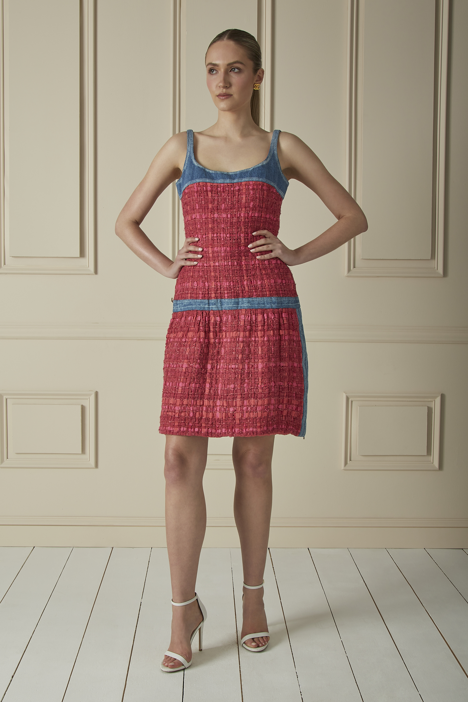 Chanel Pink Tweed Denim Trim Mini Dress