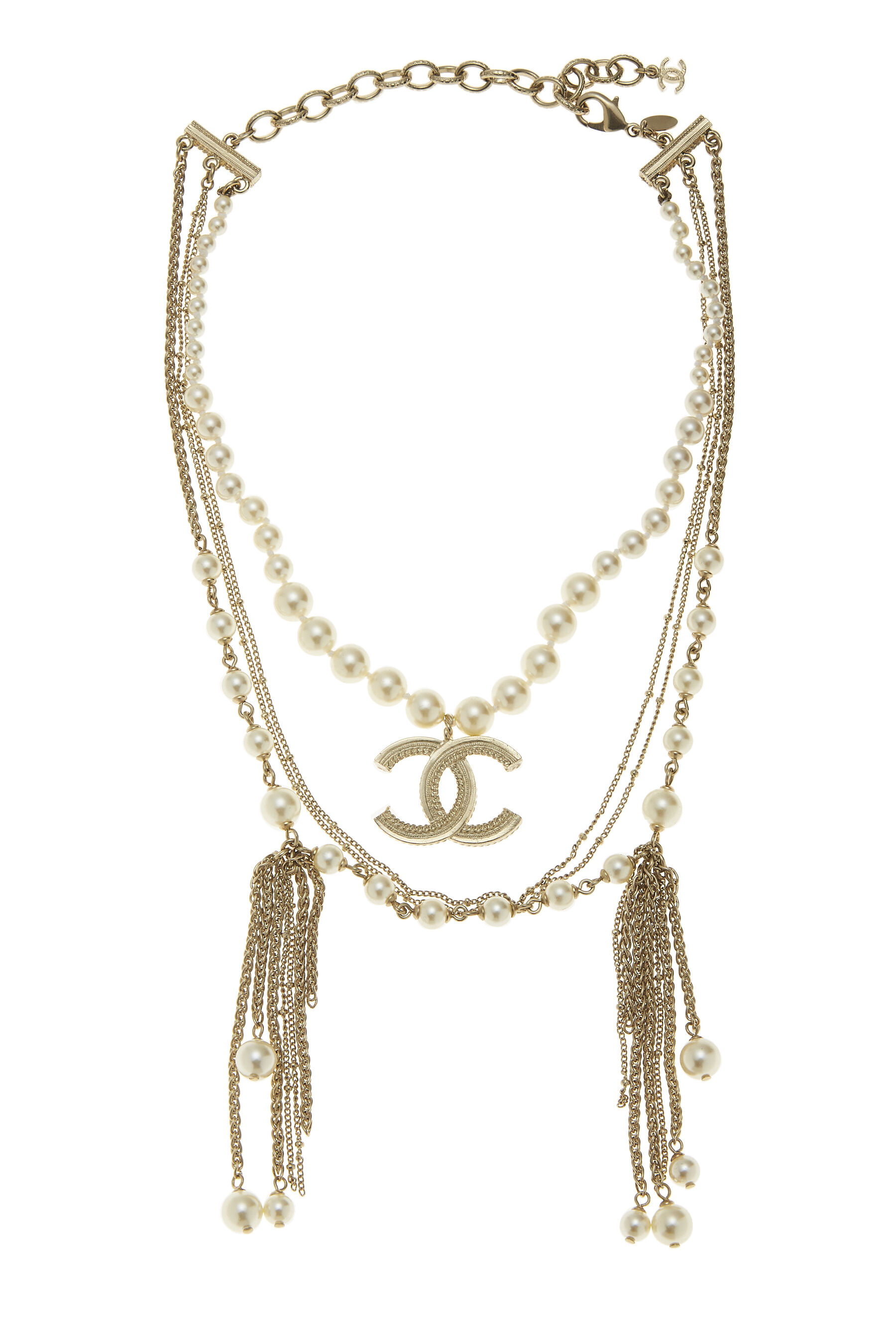 Chanel Faux Pearl & Gold Layered Chain 'CC' Necklace