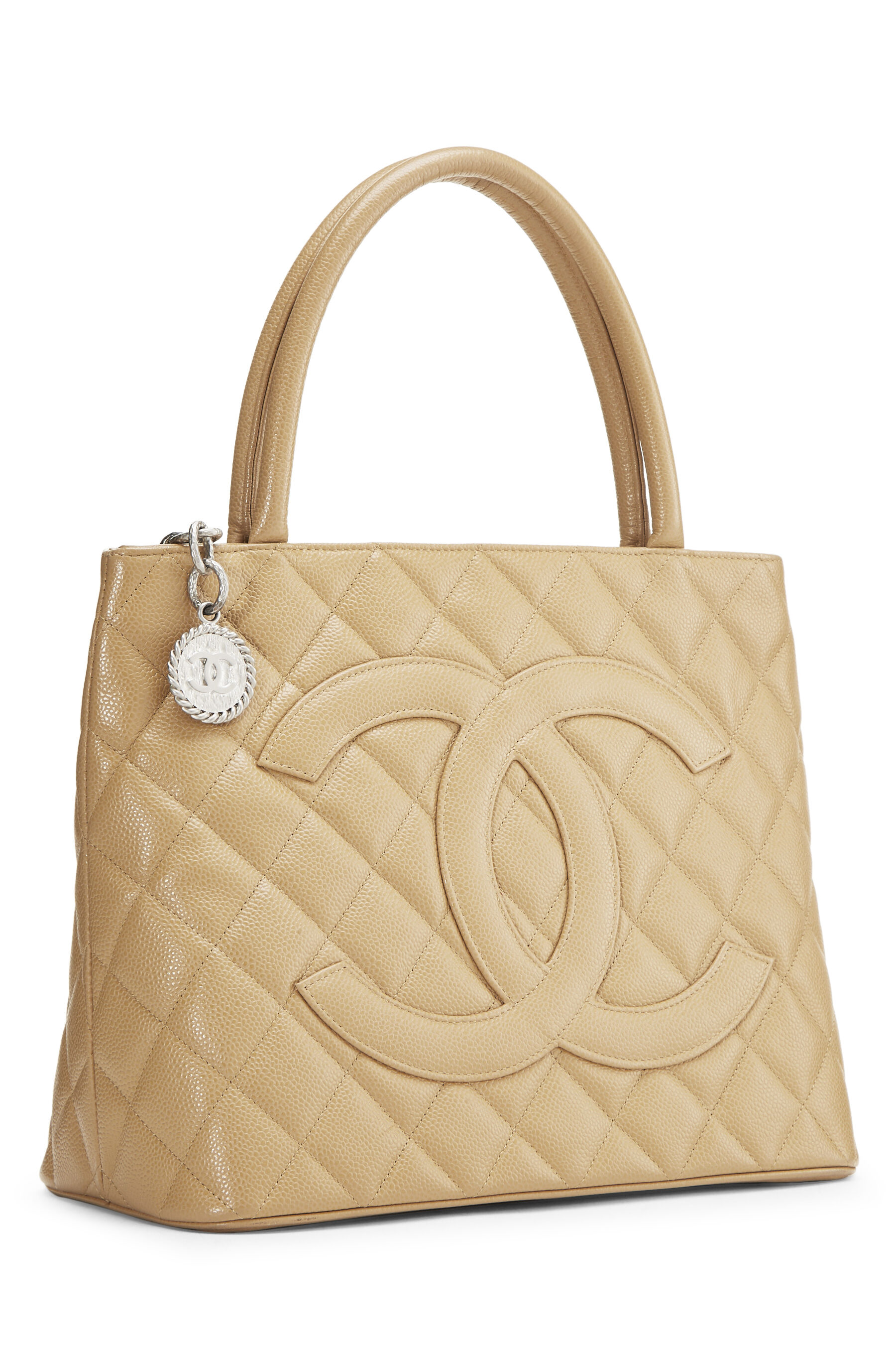 CHANEL Medallion Tote Bag Caviar Skin Leather Beige Auth Women